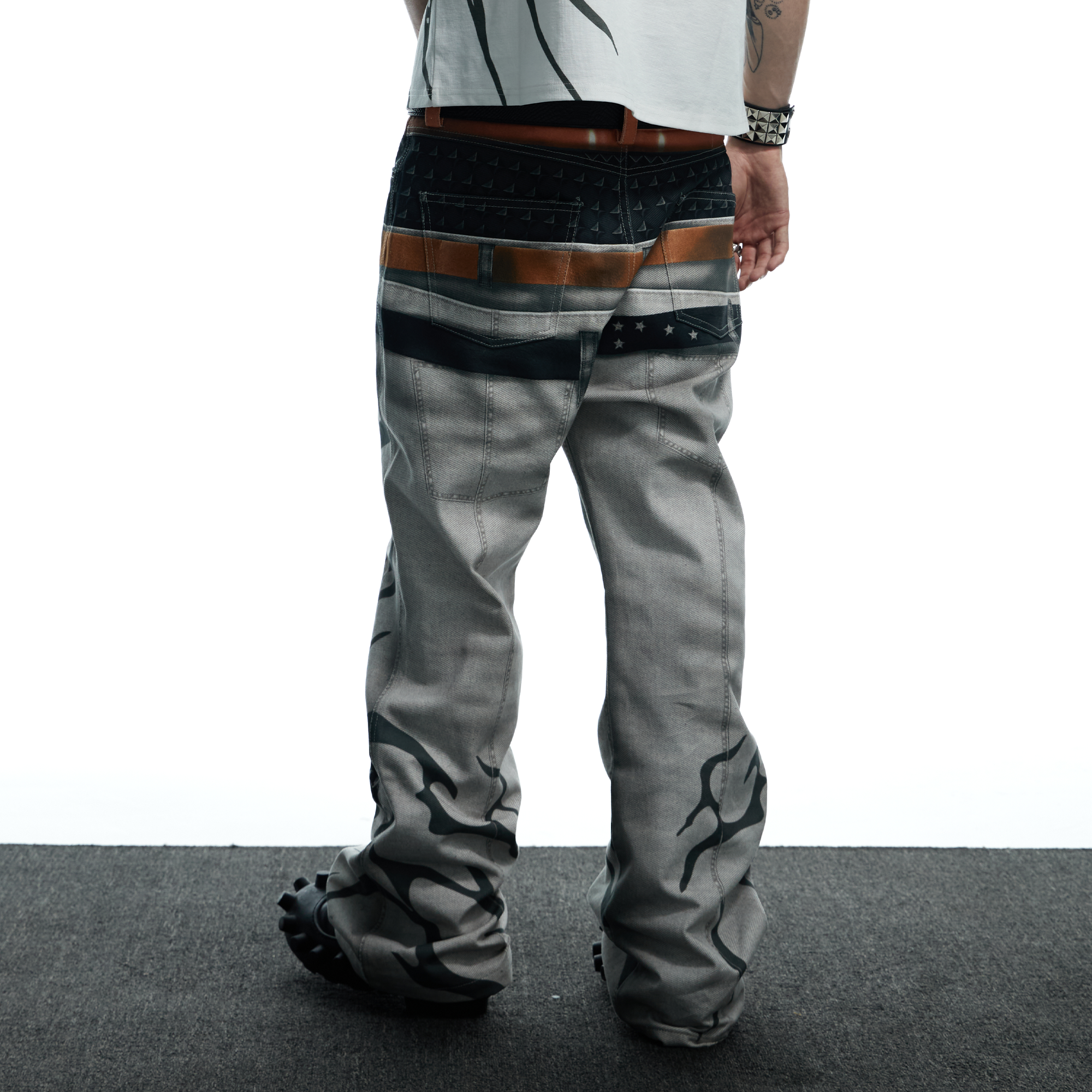 DND4DES Distressed Print Double-Waist Flare Jeans White, premium urban and streetwear designers apparel on PROJECTISR.com, DND4DES