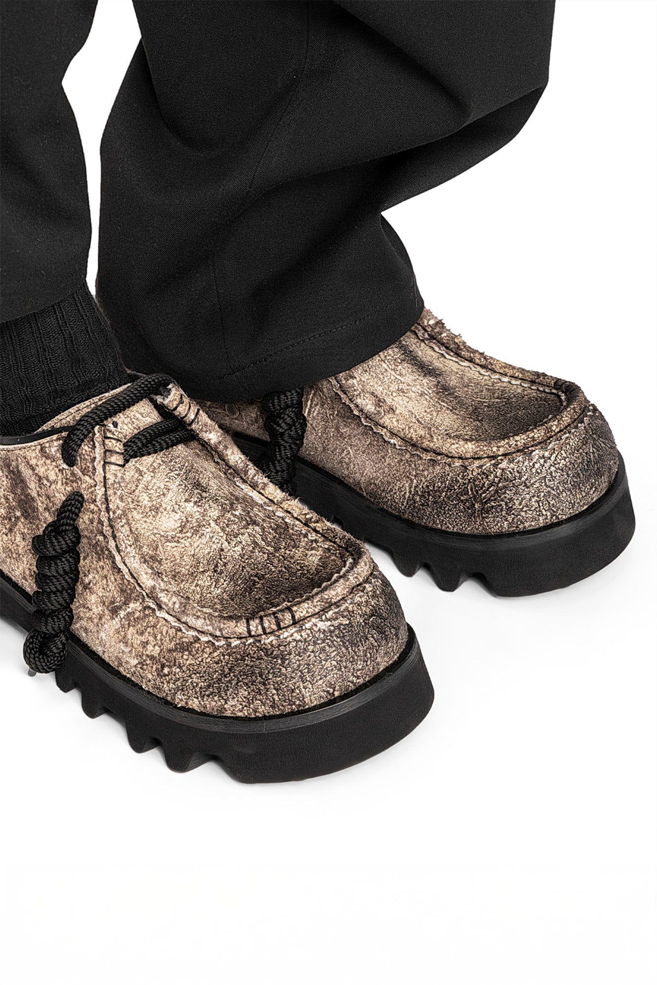 REWRITE Distressed Texture Cowhide Rope-Tied Chunky Big-Toe Derbies, premium urban and streetwear designers apparel on PROJECTISR.com, REWRITE