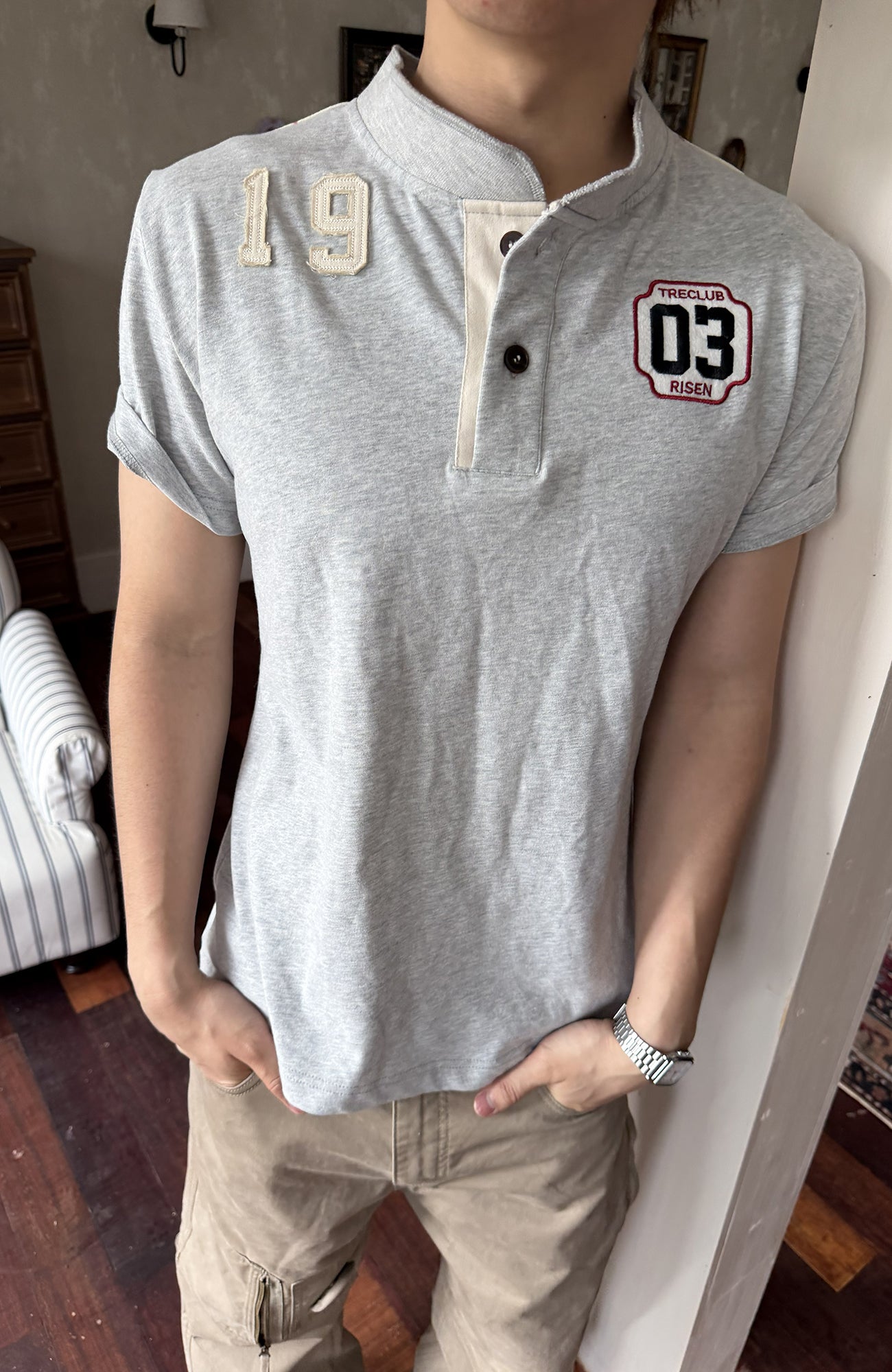 TRECLUB Retro Star Stripe Stand-Collar Polo T-Shirt