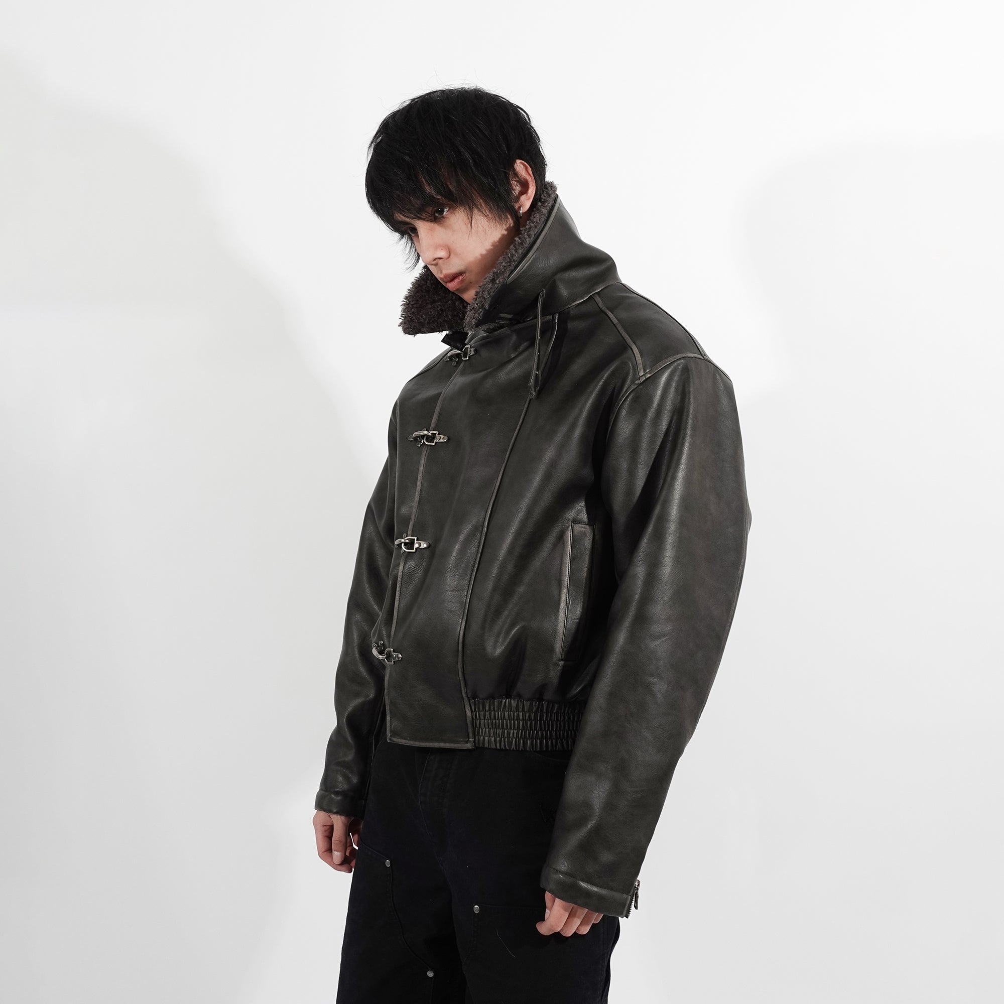 IN EXISTENCE Asymmetric Placket Washed Moto Jacket, premium urban and streetwear designers apparel on PROJECTISR.com, IN EXISTENCE