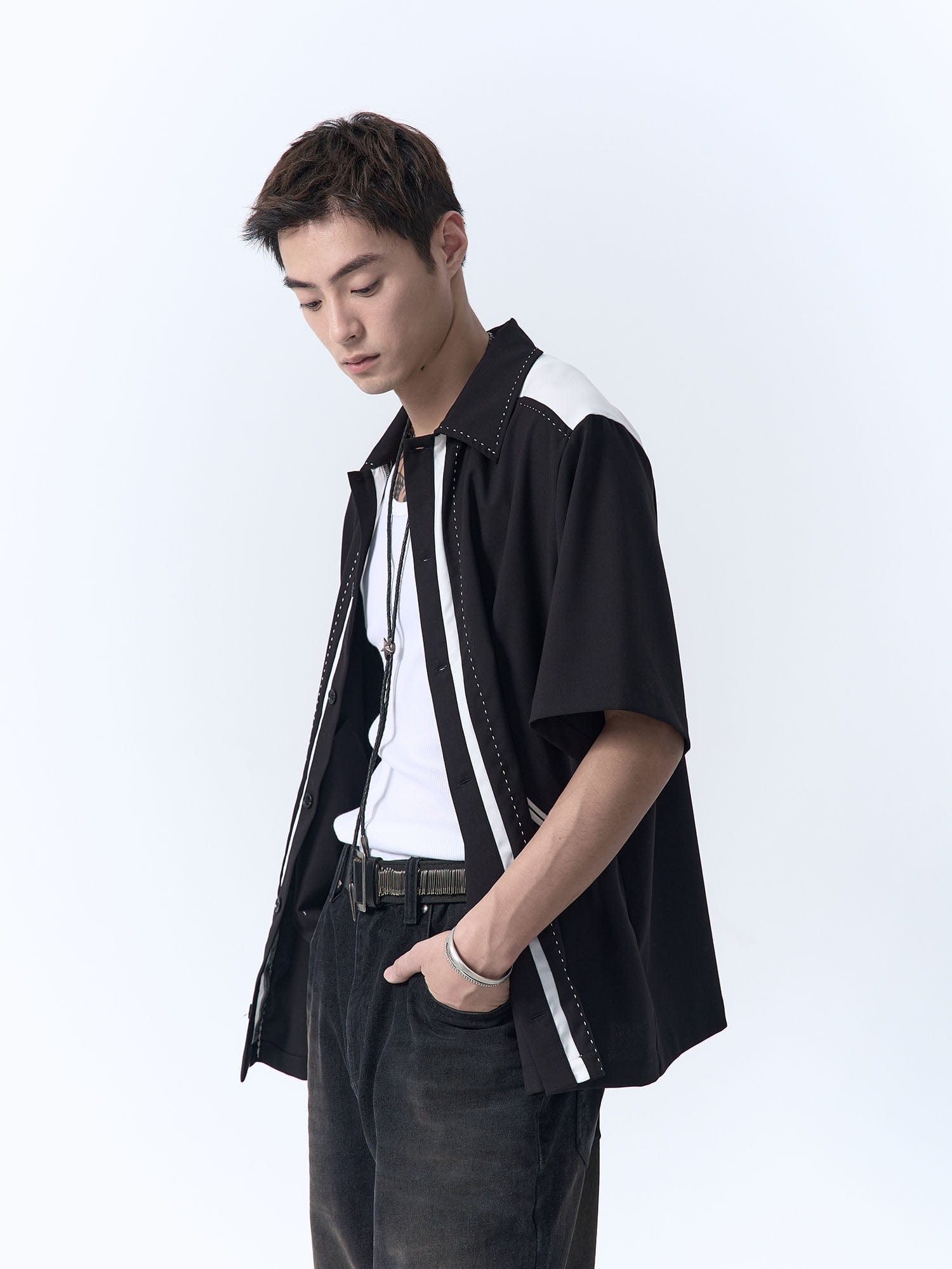 IN EXISTENCE Contrast-Panel Stitch Half Shirt, premium urban and streetwear designers apparel on PROJECTISR.com, IN EXISTENCE