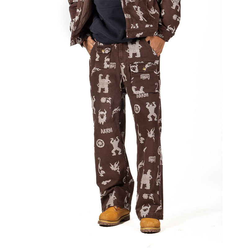 NERHI Tribal Totem Full-Print Patch-Pocket Pants