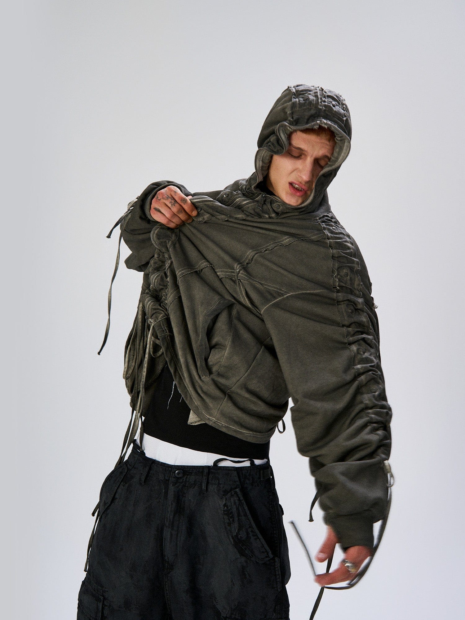 FLYERRER Distressed Drawstring Ruched Hooded Jacket, premium urban and streetwear designers apparel on PROJECTISR.com, FLYERRER