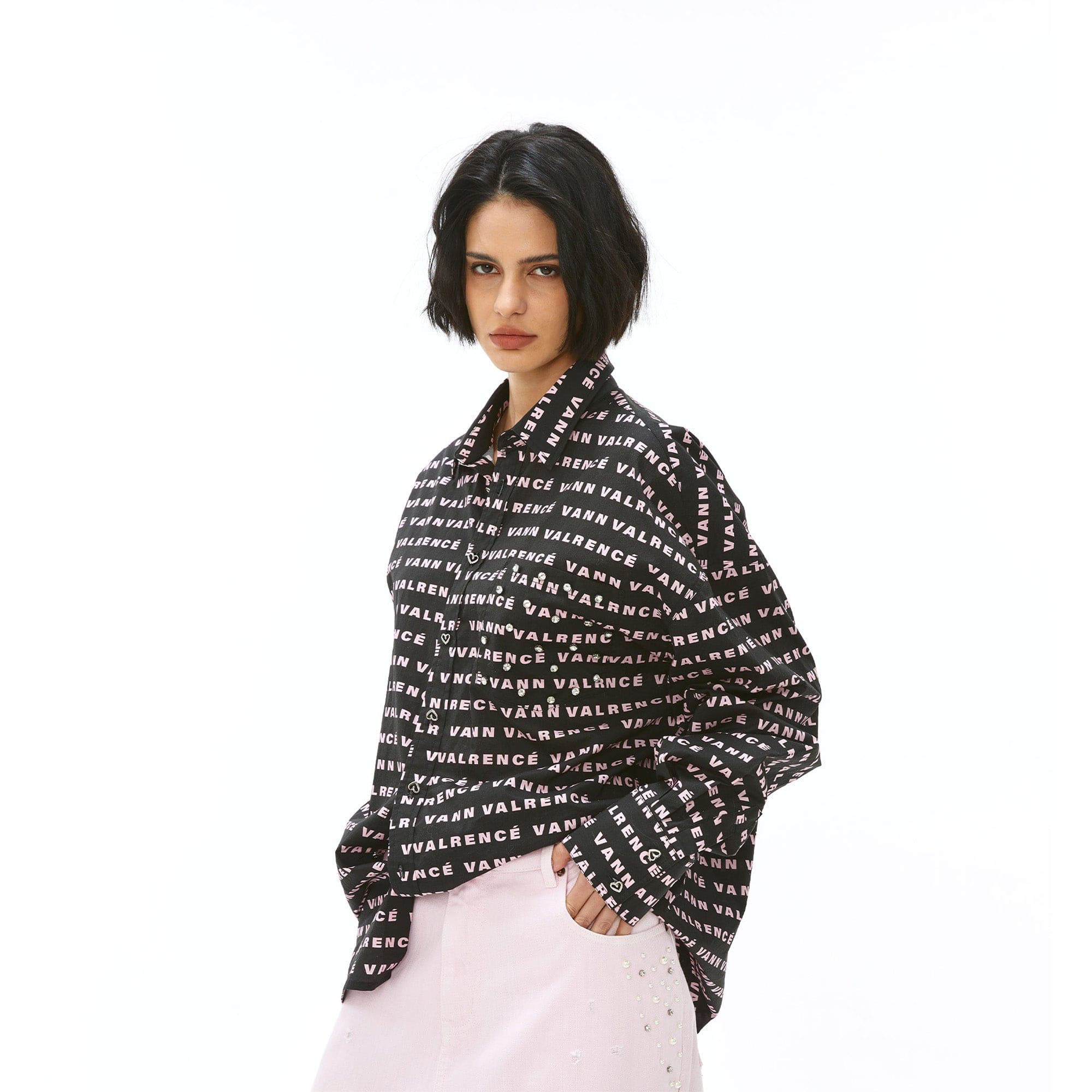 VANN VALRENCE Monogram Crystal-Studded Oversized Shirt, premium urban and streetwear designers apparel on PROJECTISR.com, VANN VALRENCE