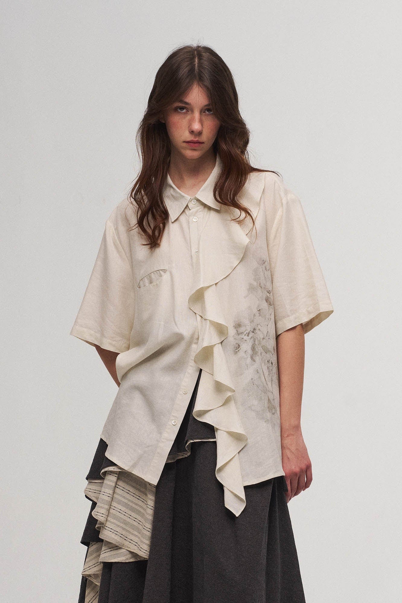 ILNya Nieternite Nifutur Asymmetrical Ruffle Iris Half Shirt, premium urban and streetwear designers apparel on PROJECTISR.com, ILNya Nieternite Nifutur
