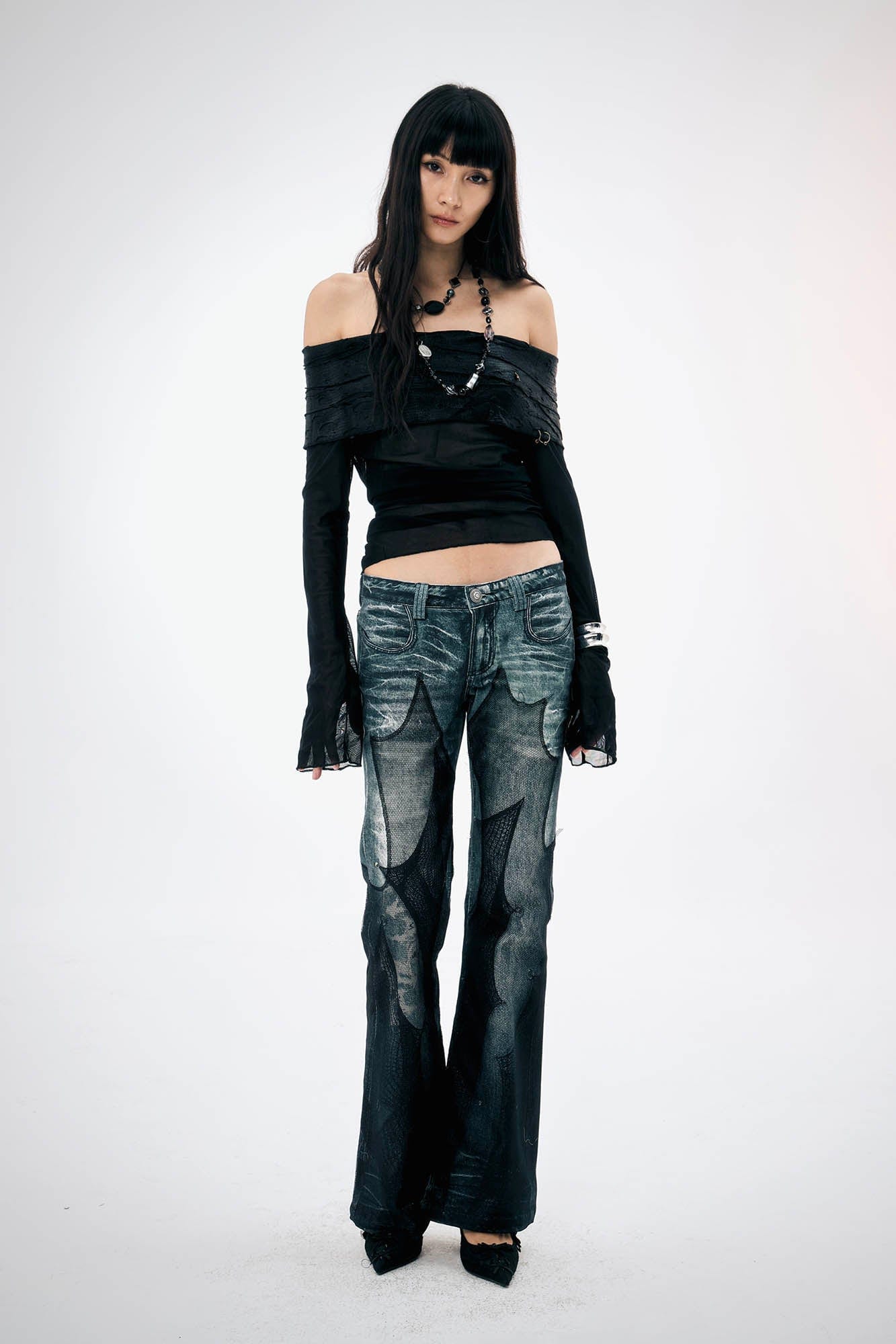 DND4DES×Faychui Mesh-Panelled Washed Flared Jeans, premium urban and streetwear designers apparel on PROJECTISR.com, DND4DES