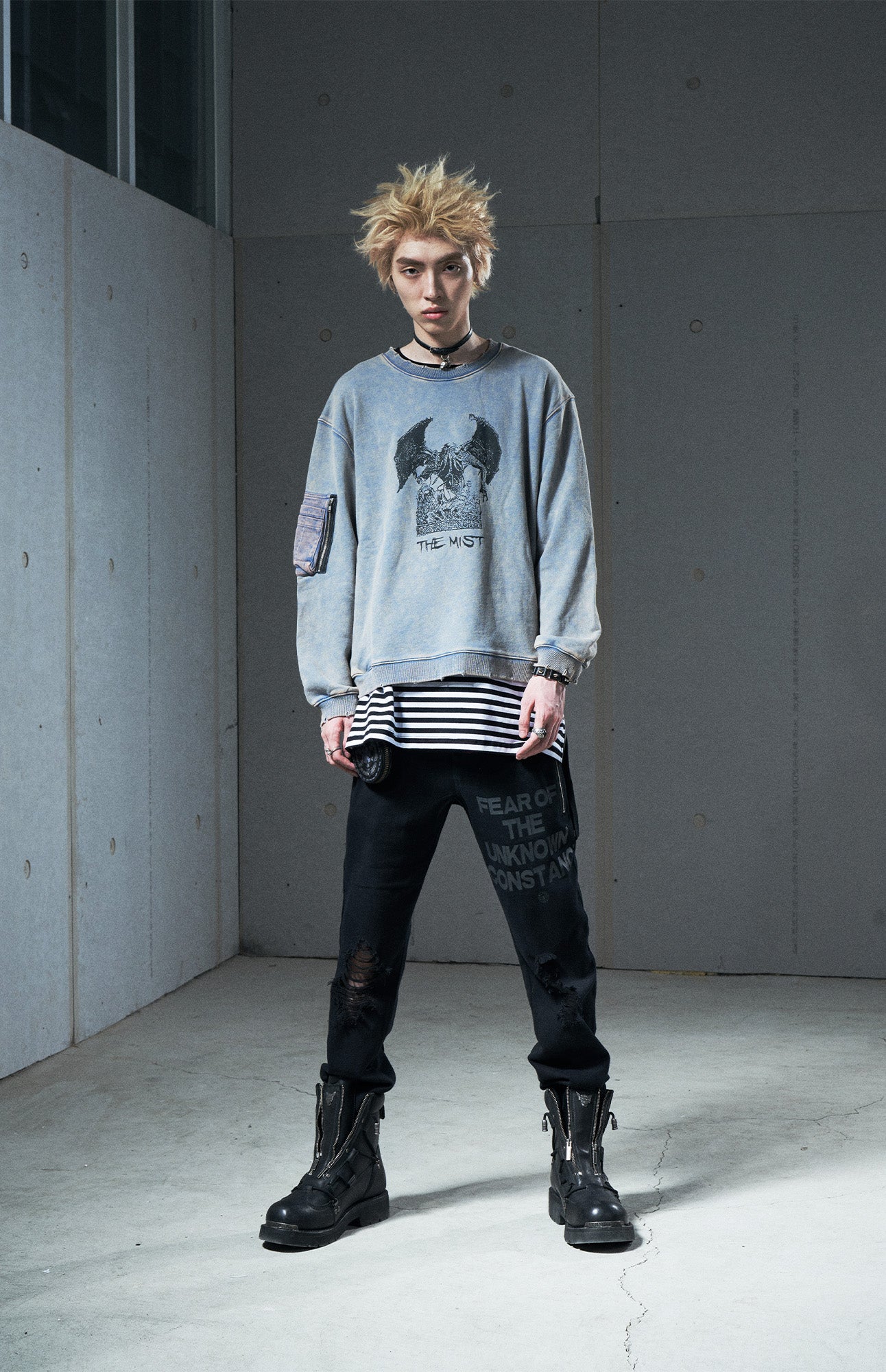 VENTUREK Distressed Zippered-Hem Slogan Slim Pants, premium urban and streetwear designers apparel on PROJECTISR.com, VENTUREK