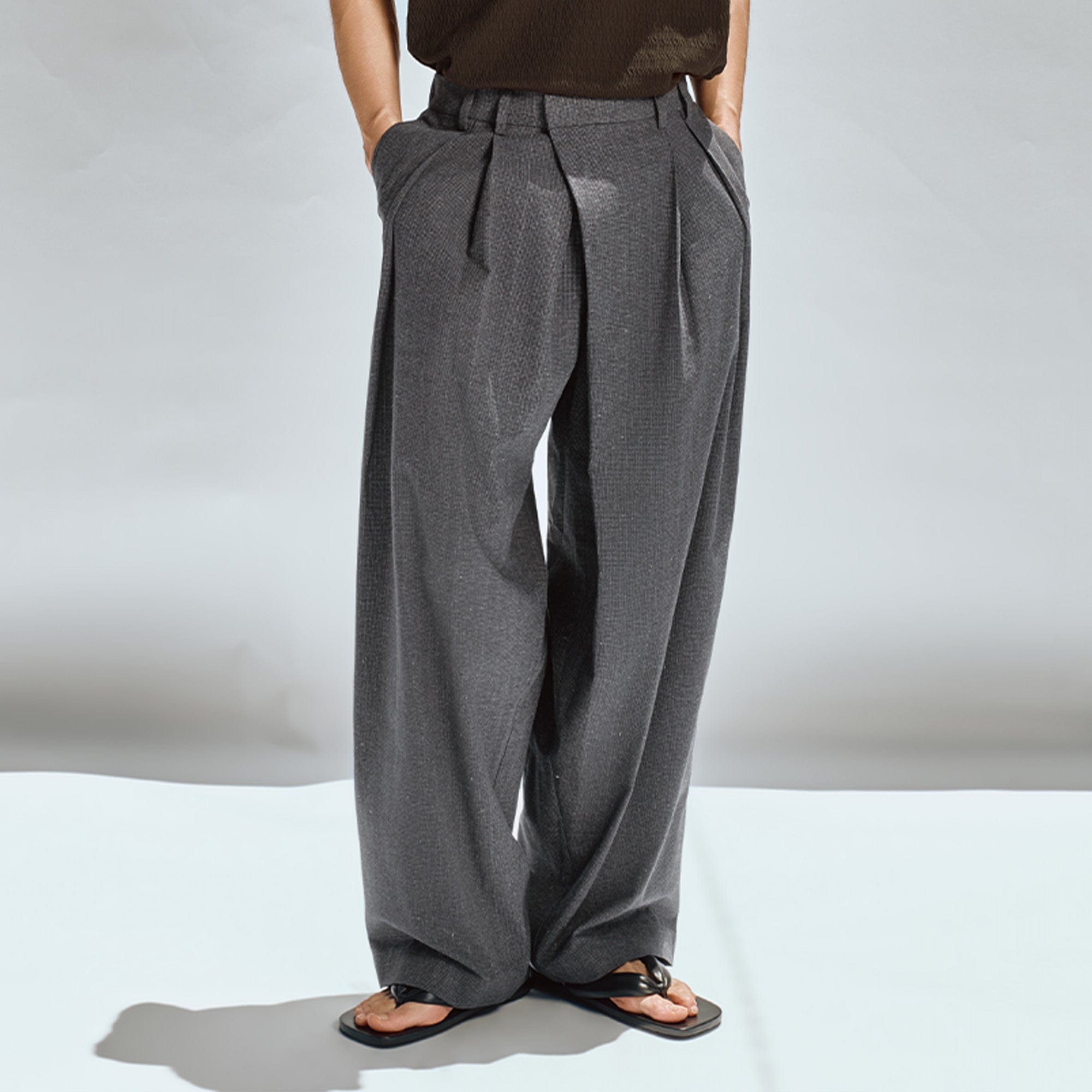 OPICLOTH Asymmetric Pleated Linen-Blend Micro Check Pants