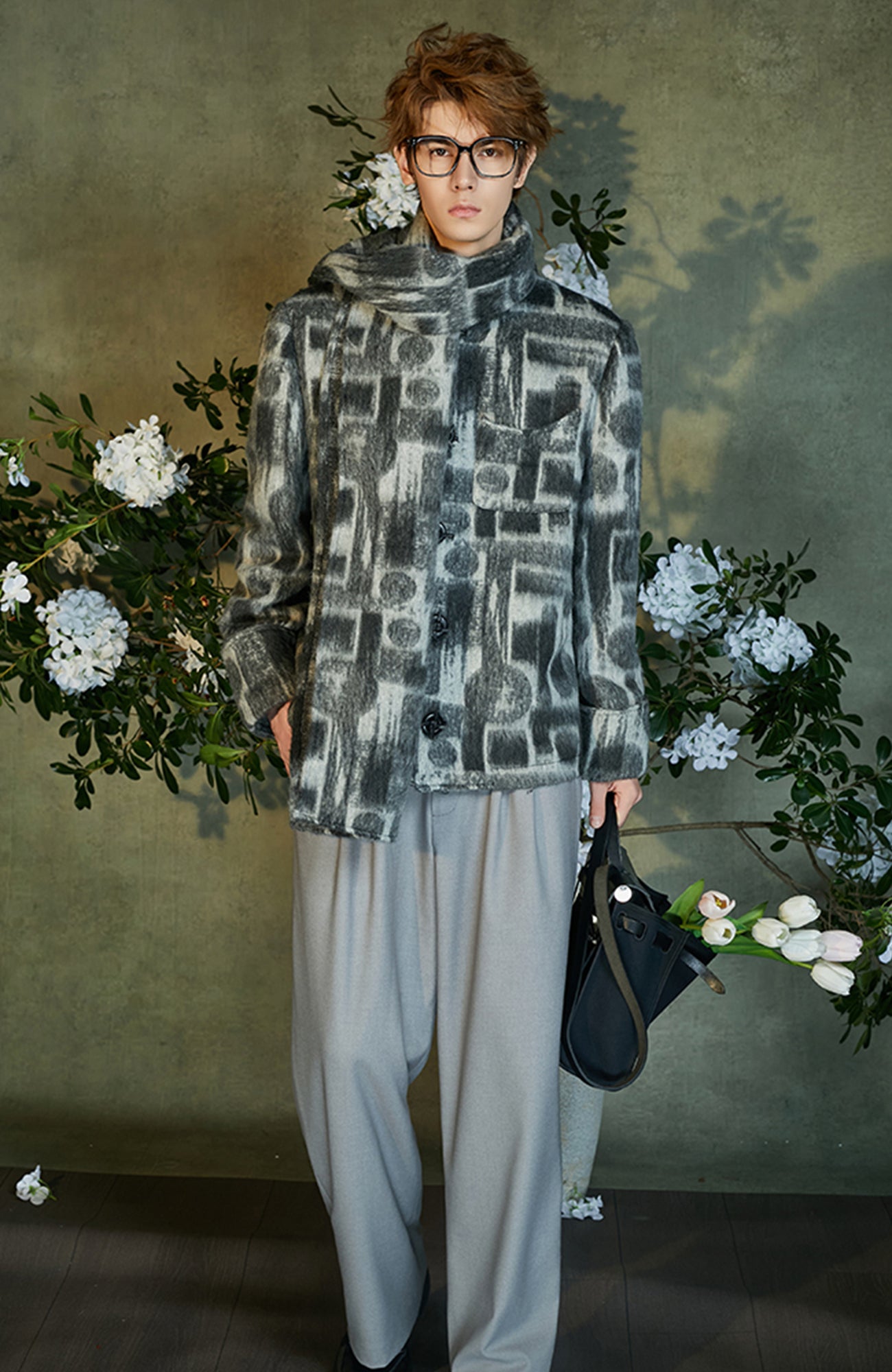 JIECHI Detachable Drape Geometry Full-Print Wool-Blend Jacket