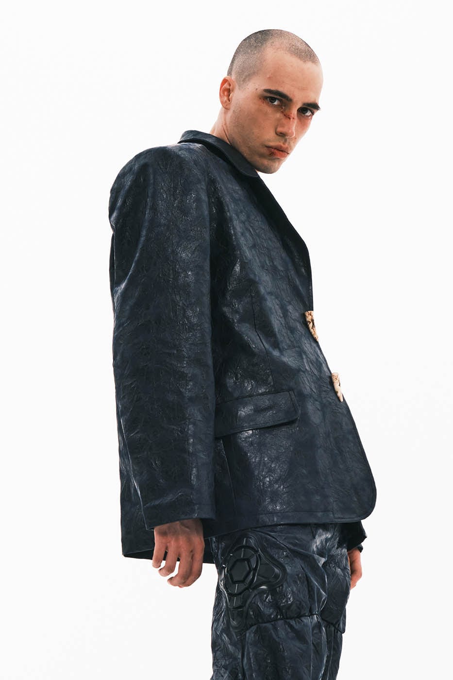 EMBRYO Crinkled Textured Faux Leather Blazer, premium urban and streetwear designers apparel on PROJECTISR.com, EMBRYO