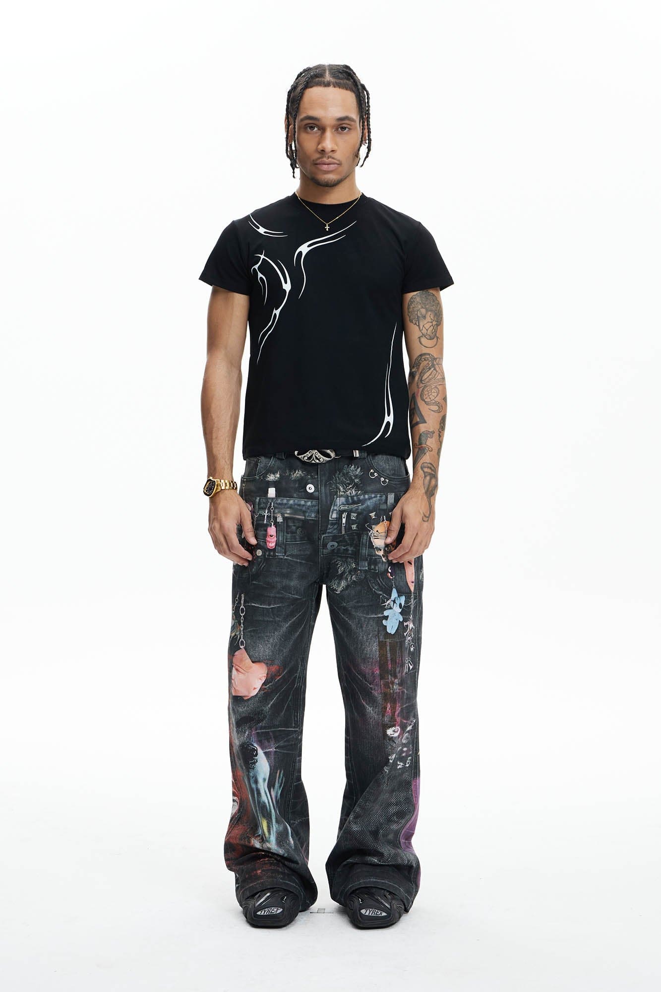 DND4DES Distressed Cyber Virus Flared Jeans, premium urban and streetwear designers apparel on PROJECTISR.com, DND4DES