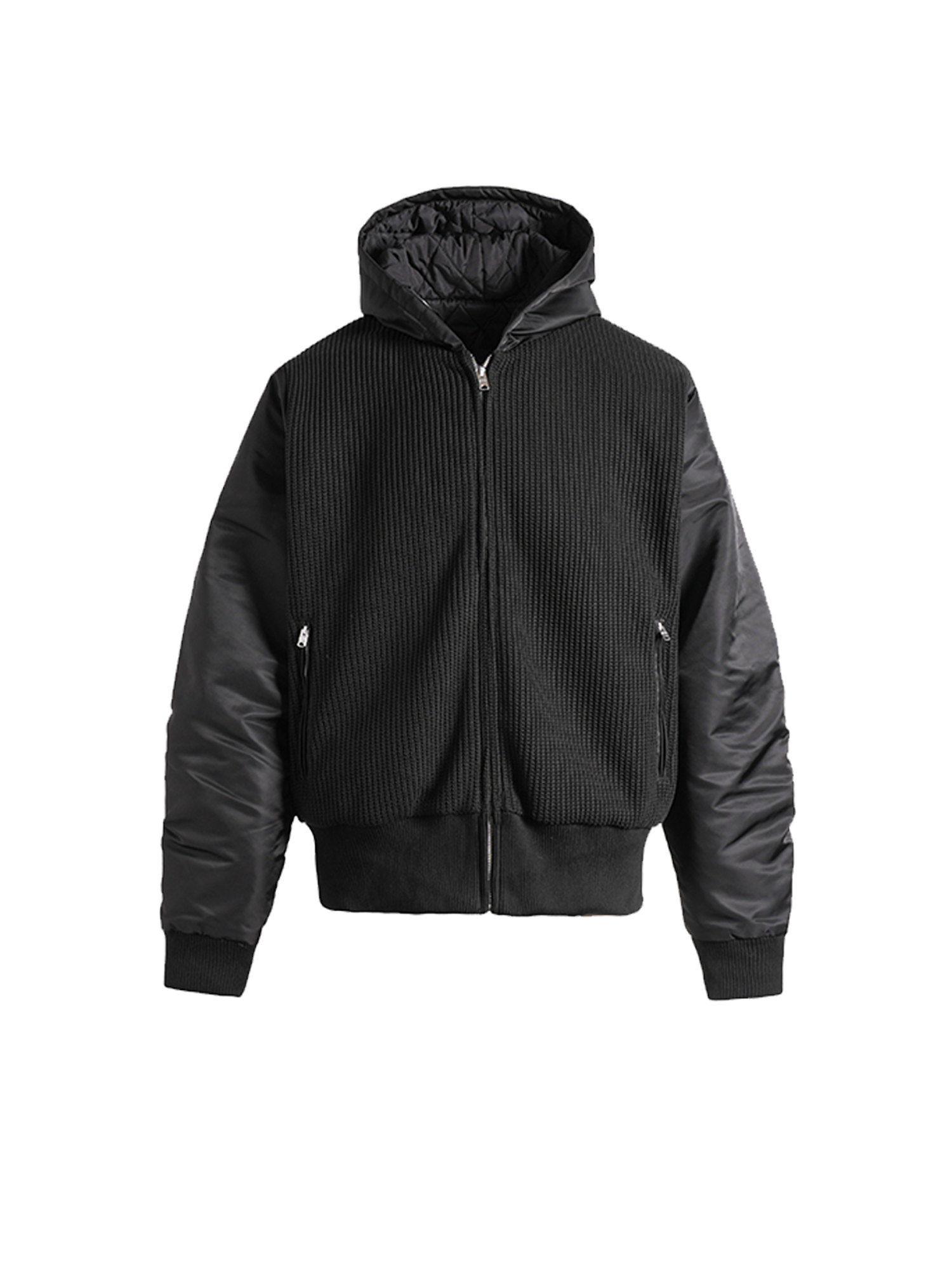 PMW Knitted Panel Ruched-Sleeve Hooded Jacket