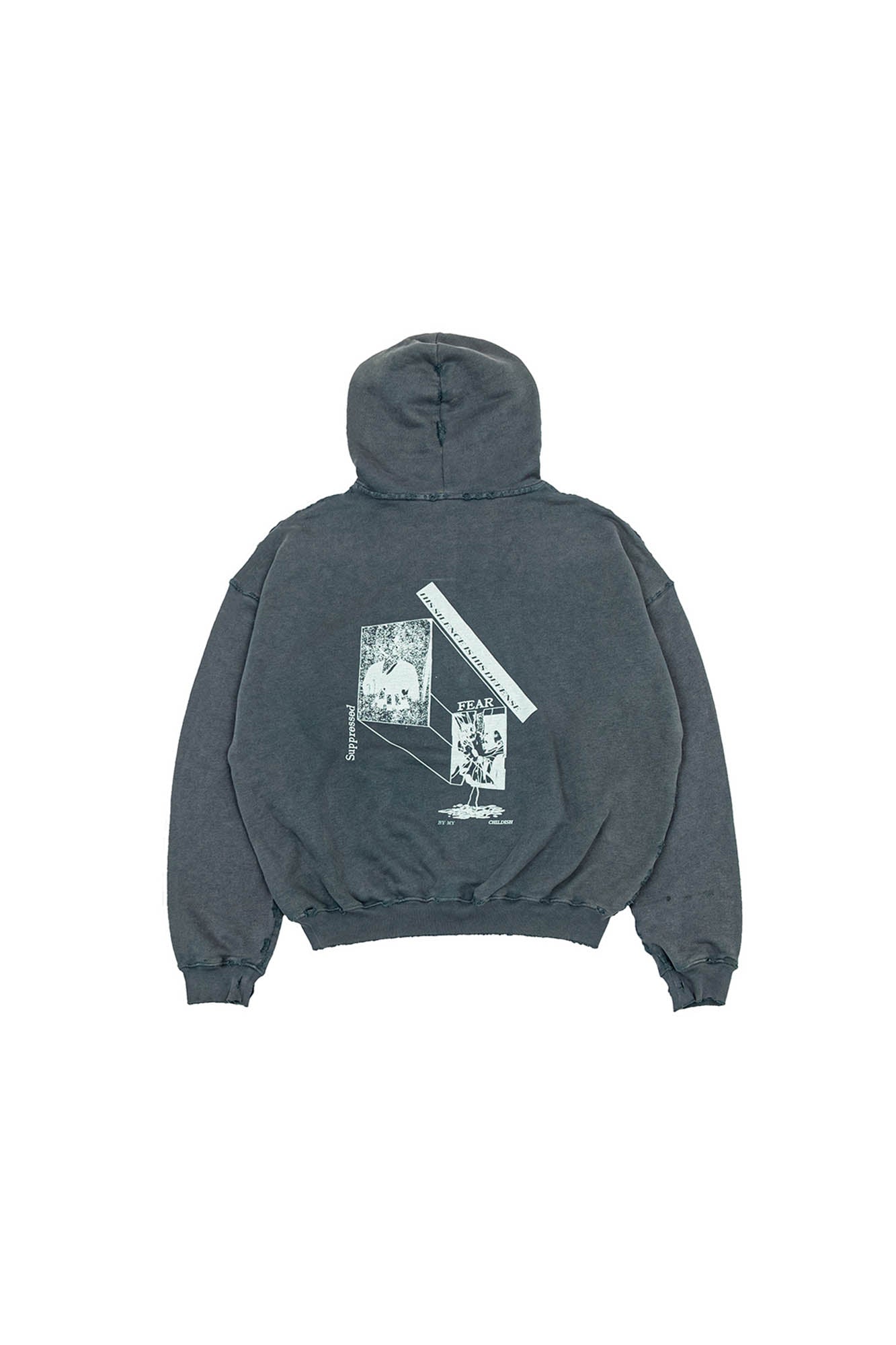 IN EXISTENCE Washed Frayed Graphic Hoodie, premium urban and streetwear designers apparel on PROJECTISR.com, IN EXISTENCE