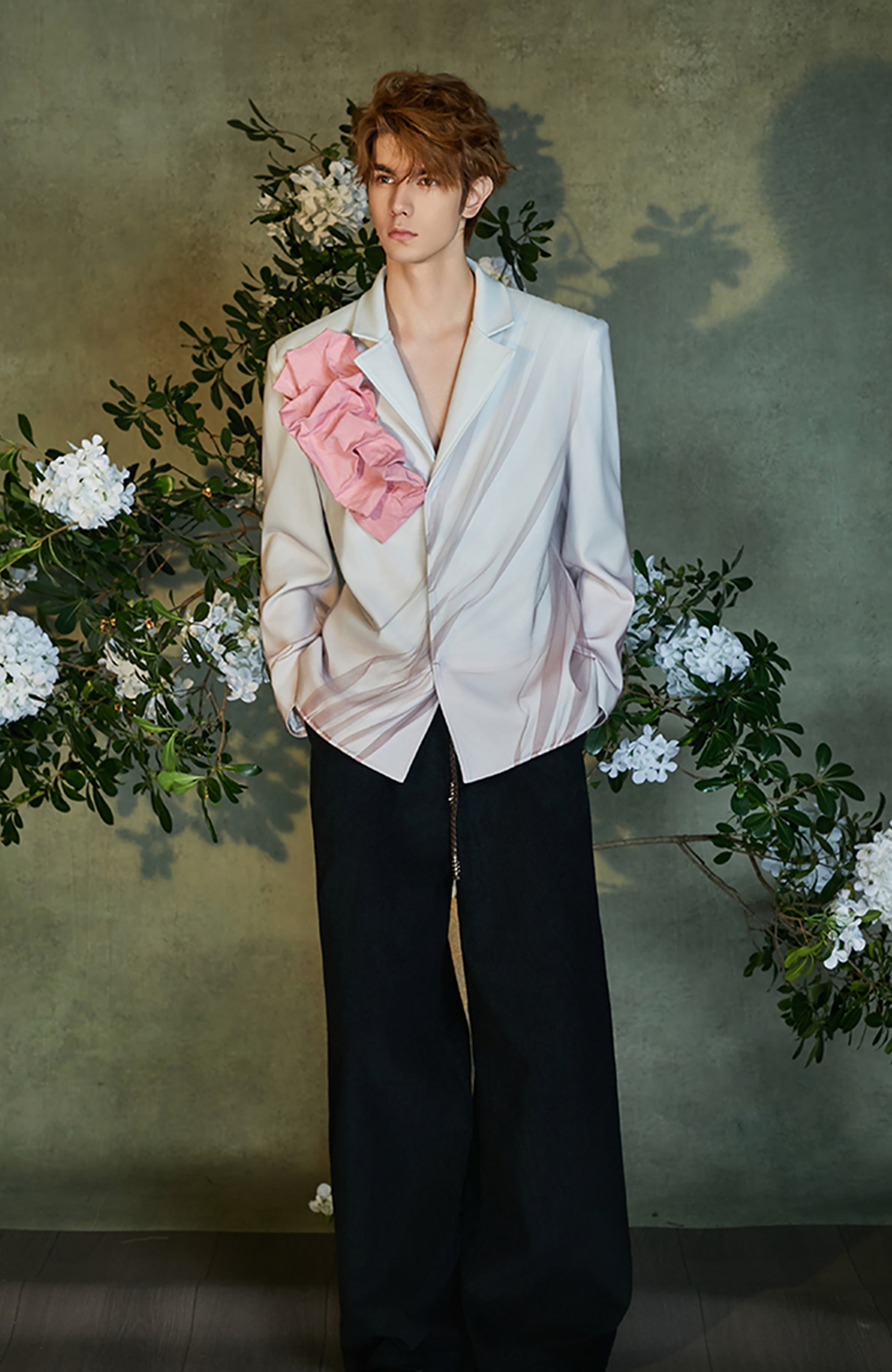 JIECHI Tulle Overlay Ruched Petal Blazer