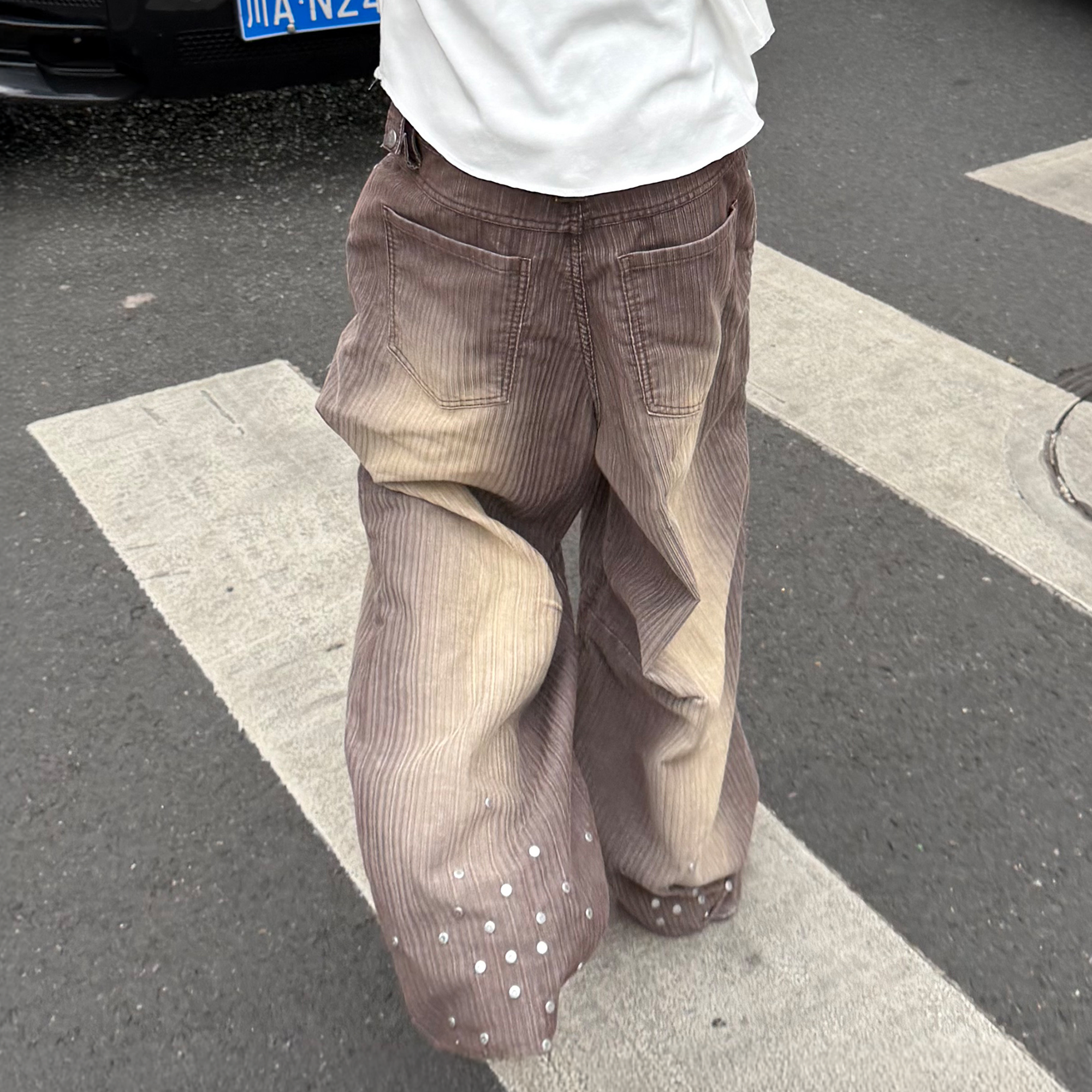 STEEPC Washed Striped Corduroy Studded Wide-Leg Pants, premium urban and streetwear designers apparel on PROJECTISR.com, STEEPC