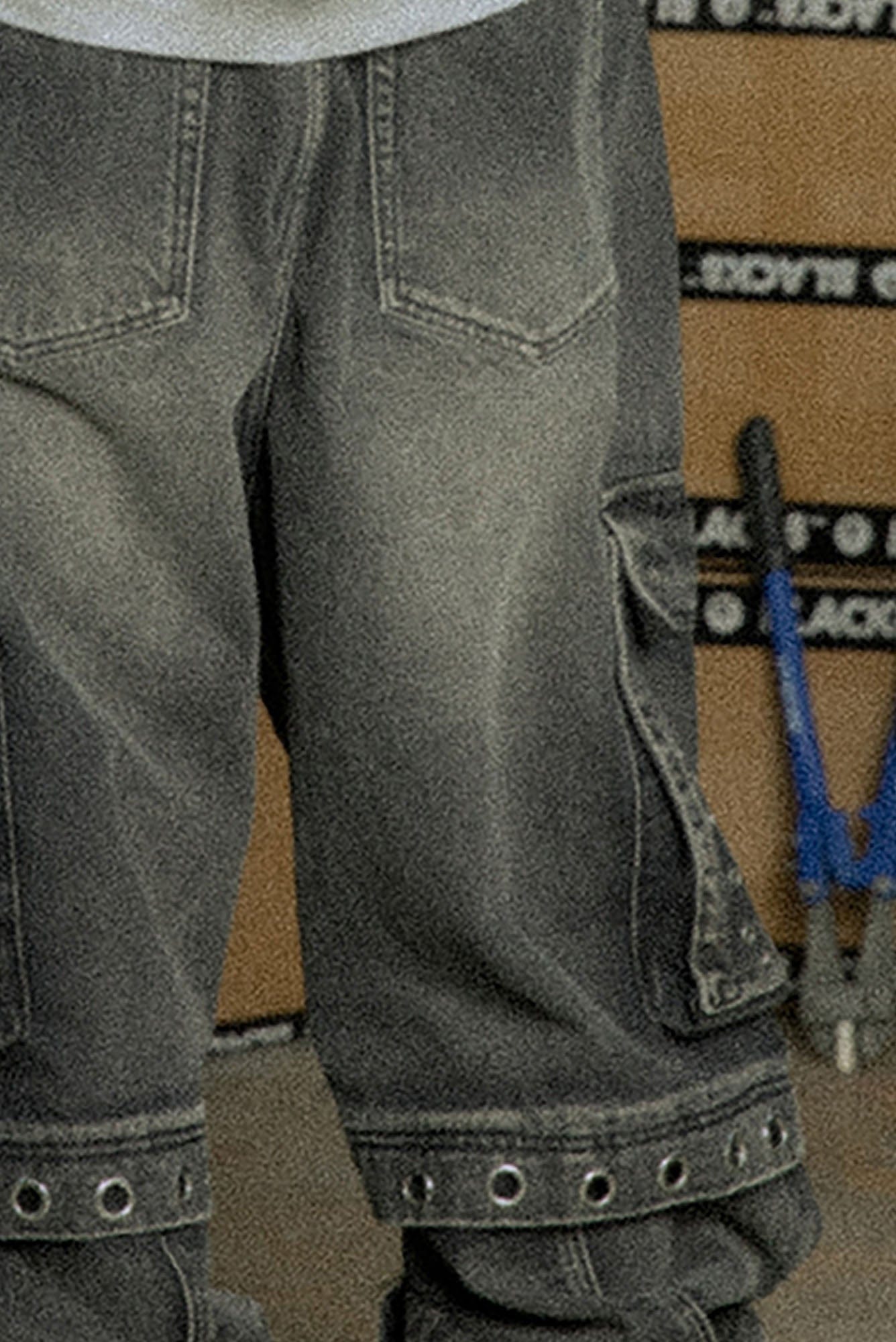 BLACK8MOB Washed Multi-Pocket Grommet Stacked Cargo Jeans, premium urban and streetwear designers apparel on PROJECTISR.com, BLACK8MOB