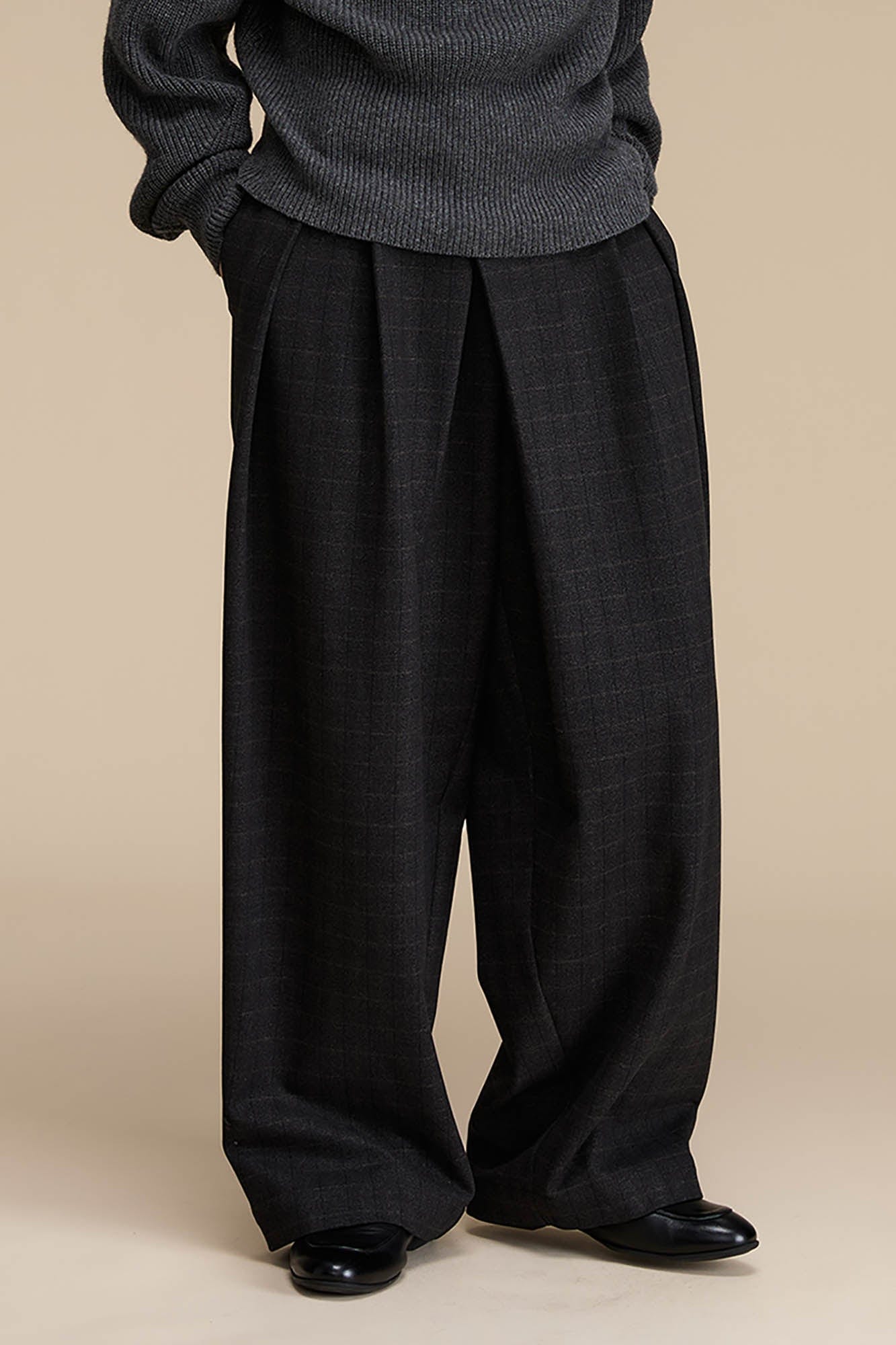 OPICLOTH Plaid Crinkled Wide-Leg Trousers, premium urban and streetwear designers apparel on PROJECTISR.com, OPICLOTH