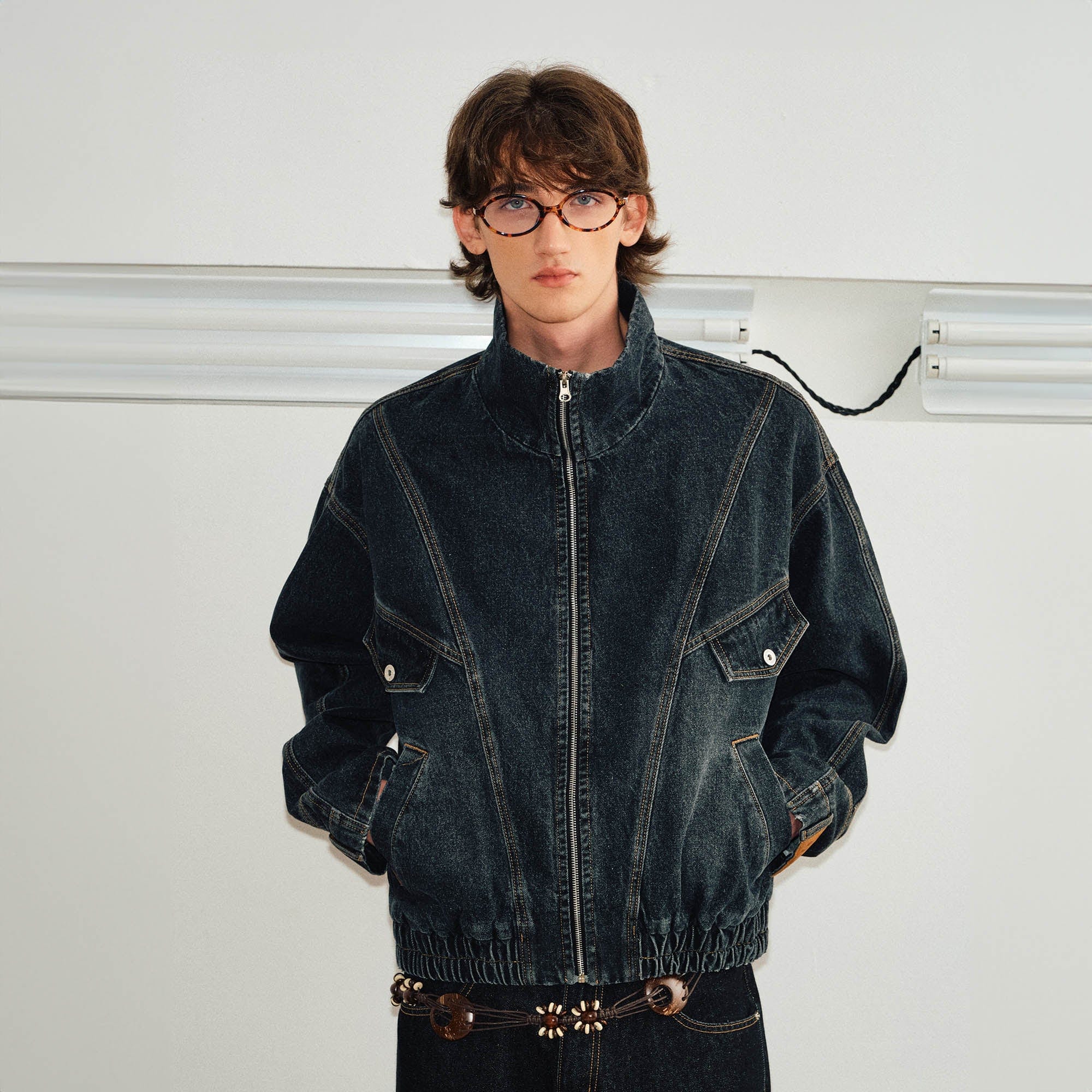 KREATE Jeans Cuff Spliced Stand Collar Jacket, premium urban and streetwear designers apparel on PROJECTISR.com, KREATE