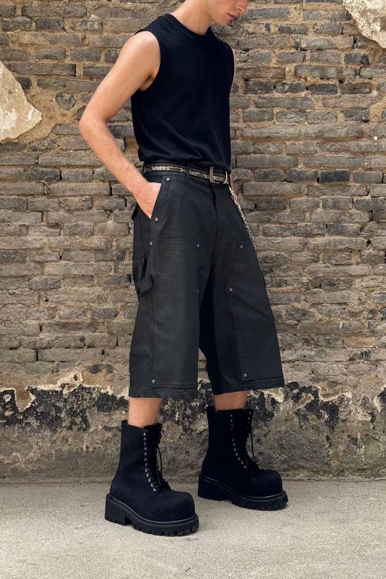 LUUUCAM Waxed Rivet Double-Knee Capri Shorts, premium urban and streetwear designers apparel on PROJECTISR.com, LUUUCAM