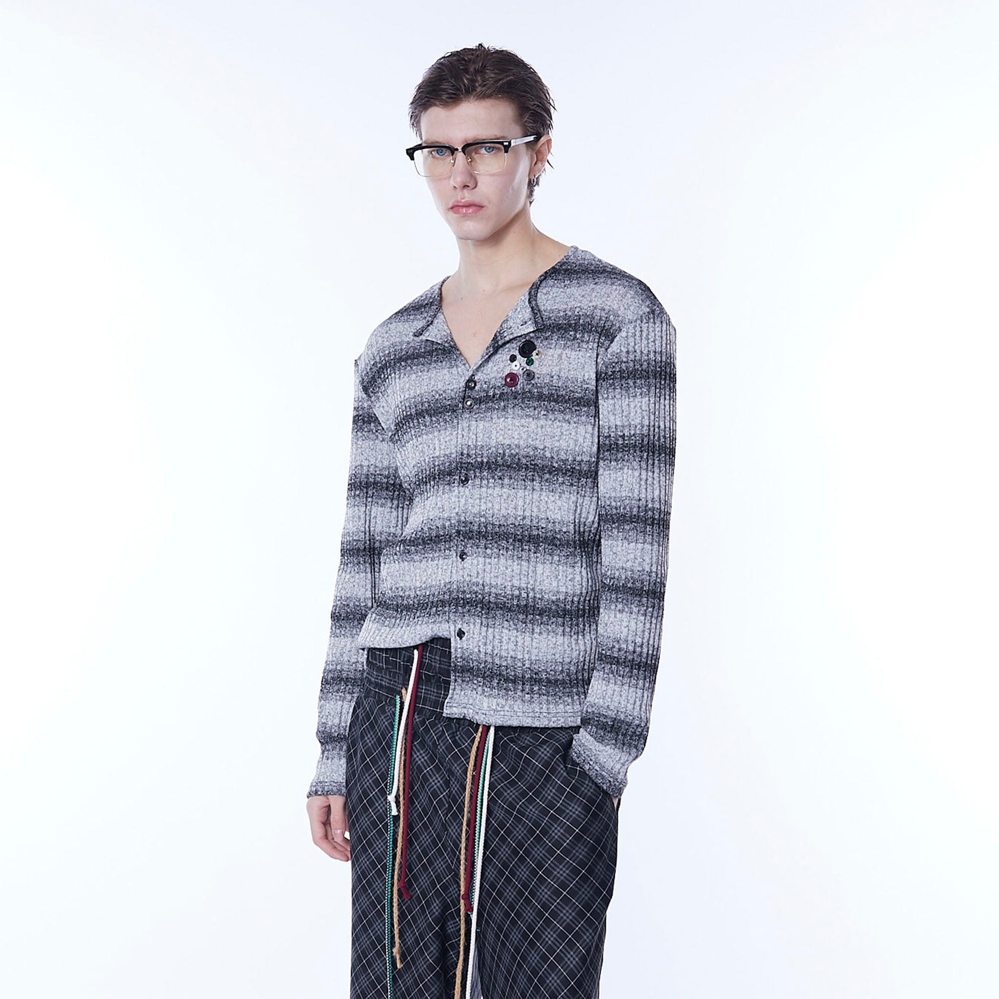 ASSEEN Horizontal Gradient Stripe Button Cardigan Gray, premium urban and streetwear designers apparel on PROJECTISR.com, ASSEEN