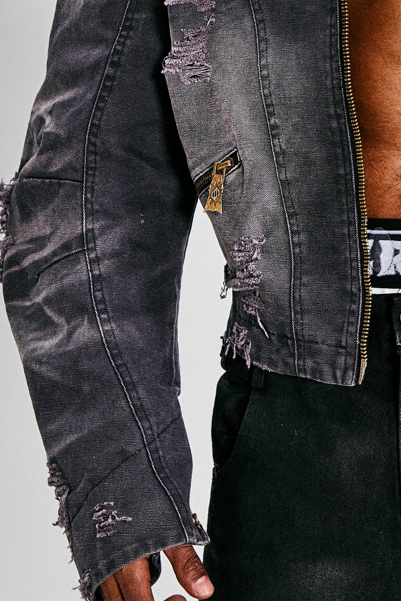 FLYERRER Distressed Curved Spliced Jacket Grey, premium urban and streetwear designers apparel on PROJECTISR.com, FLYERRER