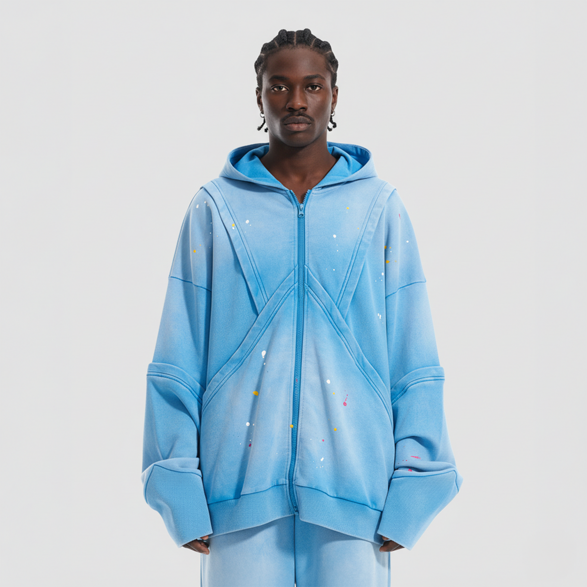 VANN VALRENCE Washed Paint-Splattered Paneled Zip Hoodie