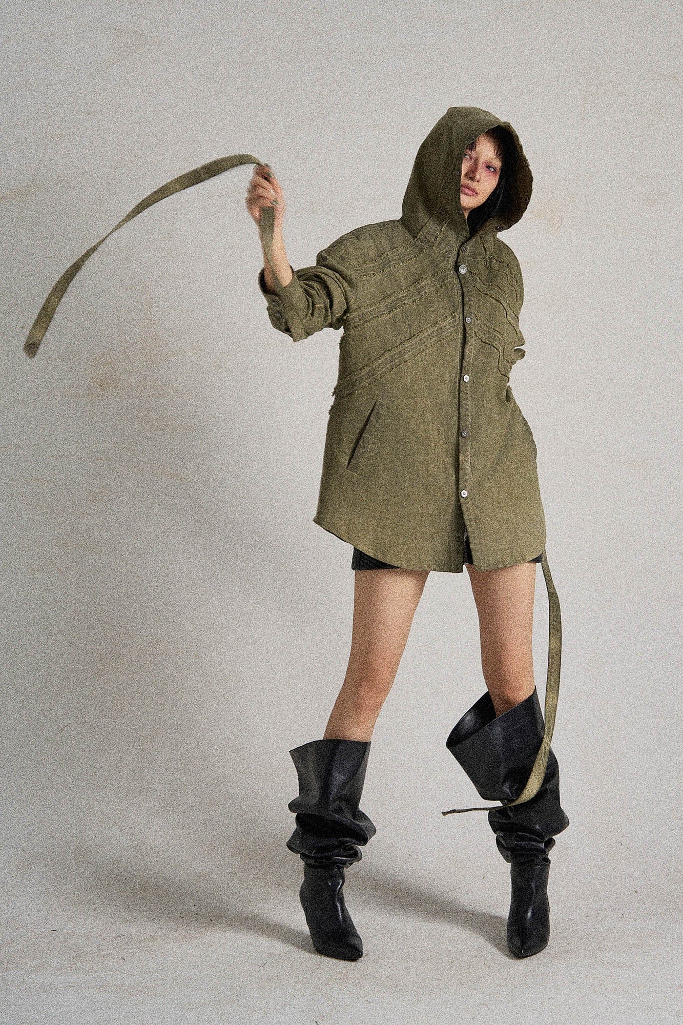 FLYERRER Frayed Fishbone Spliced Strap Hooded Jacket, premium urban and streetwear designers apparel on PROJECTISR.com, FLYERRER