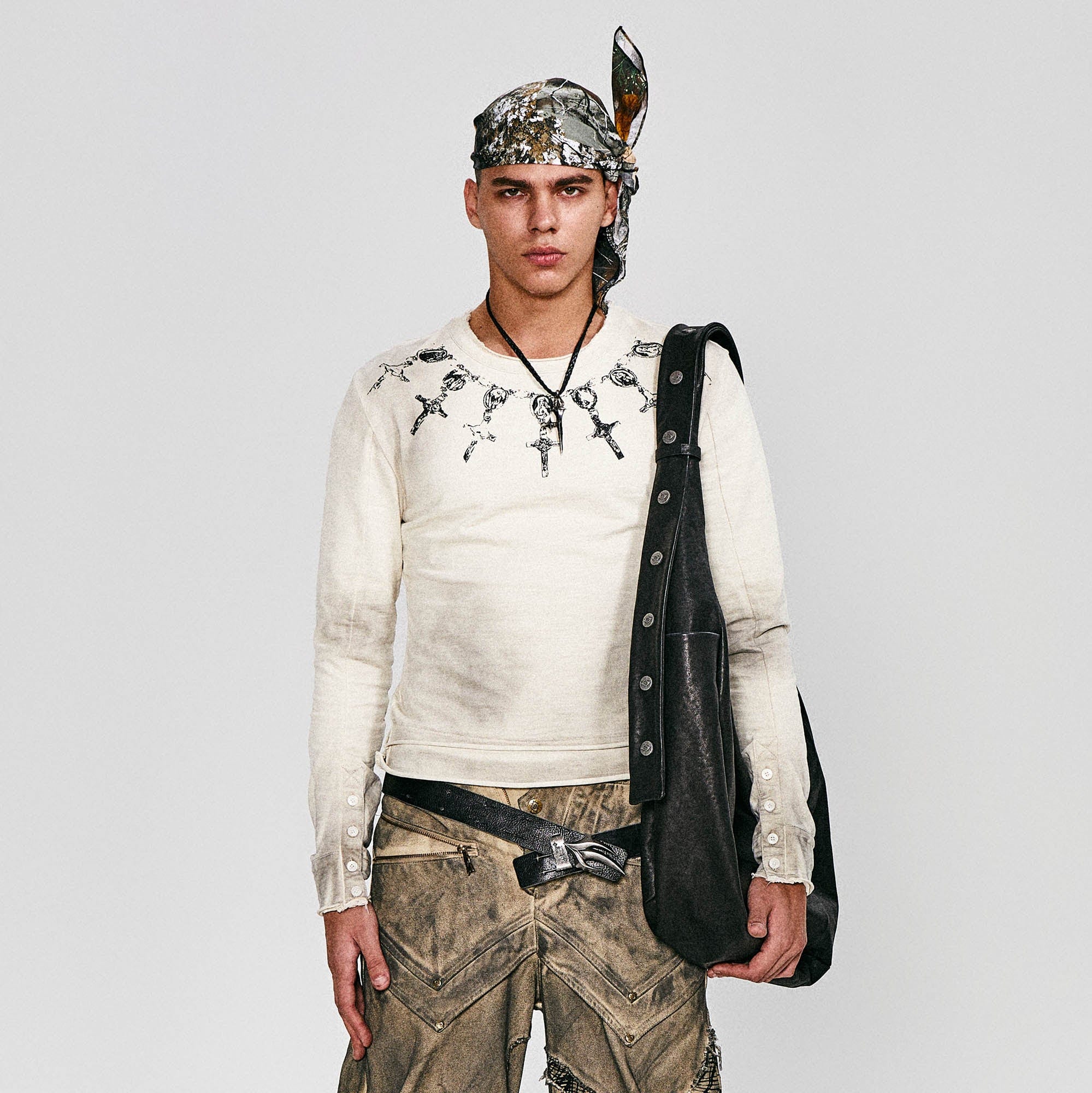 FLYERRER Distressed Cross Chain Graphic Long-Sleeve Tee, premium urban and streetwear designers apparel on PROJECTISR.com, FLYERRER