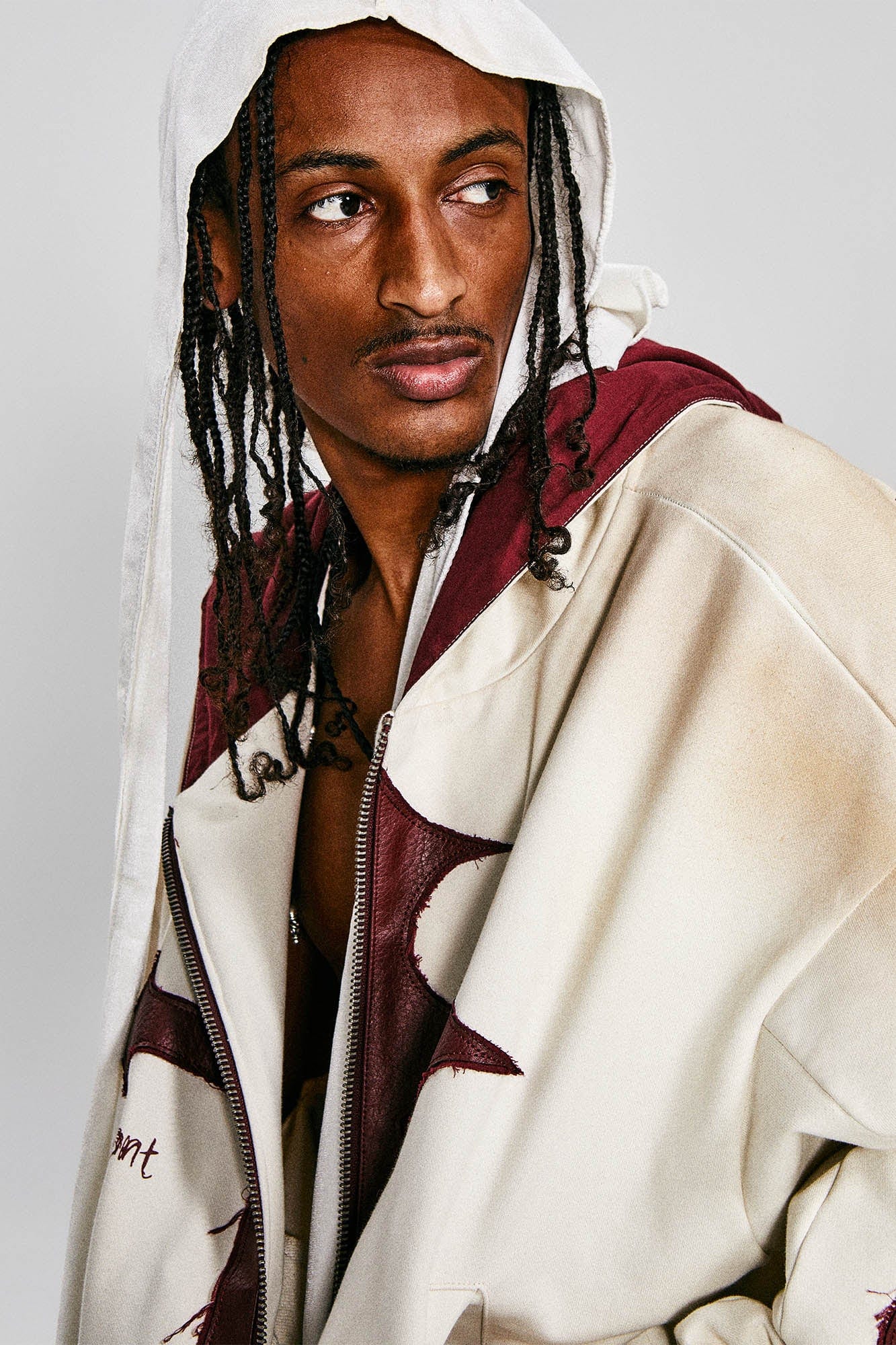 FLYERRER Distressed Cross Patch Studded Hooded Jacket, premium urban and streetwear designers apparel on PROJECTISR.com, FLYERRER