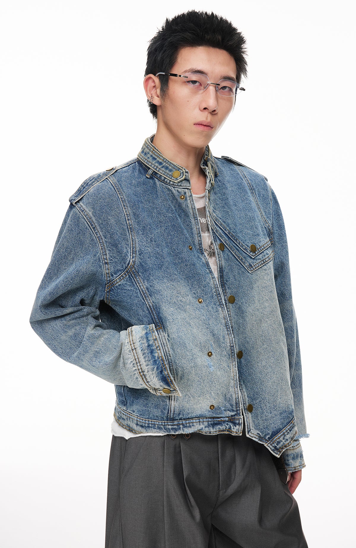 BOTANIC Washed Distressed Denim Biker Jacket