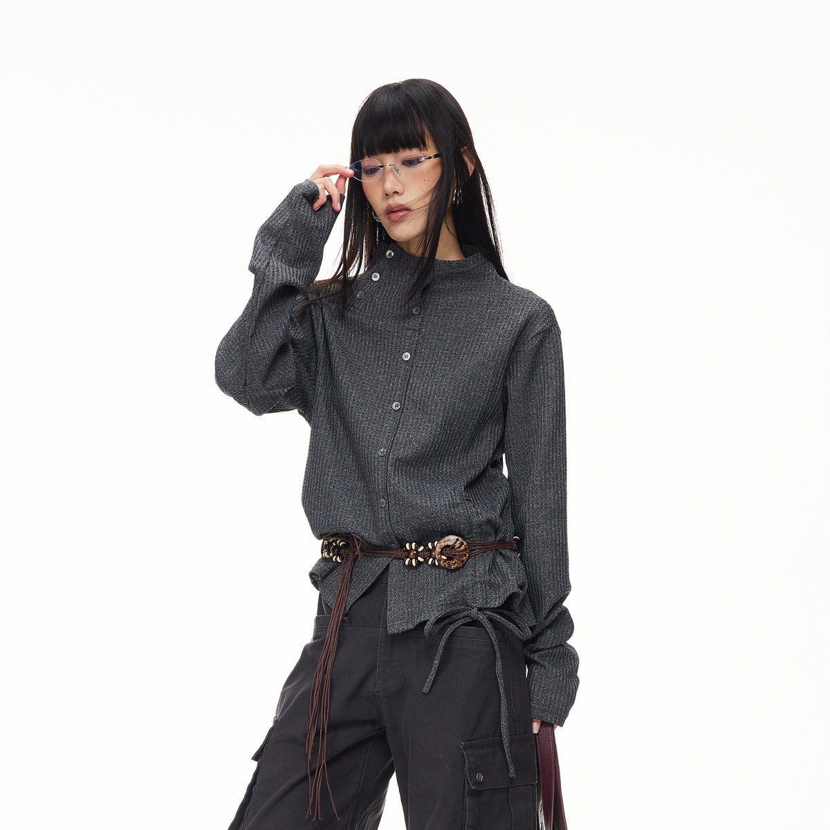 BOTANICA Drawstring Mock-Neck Long-Sleeve Tee