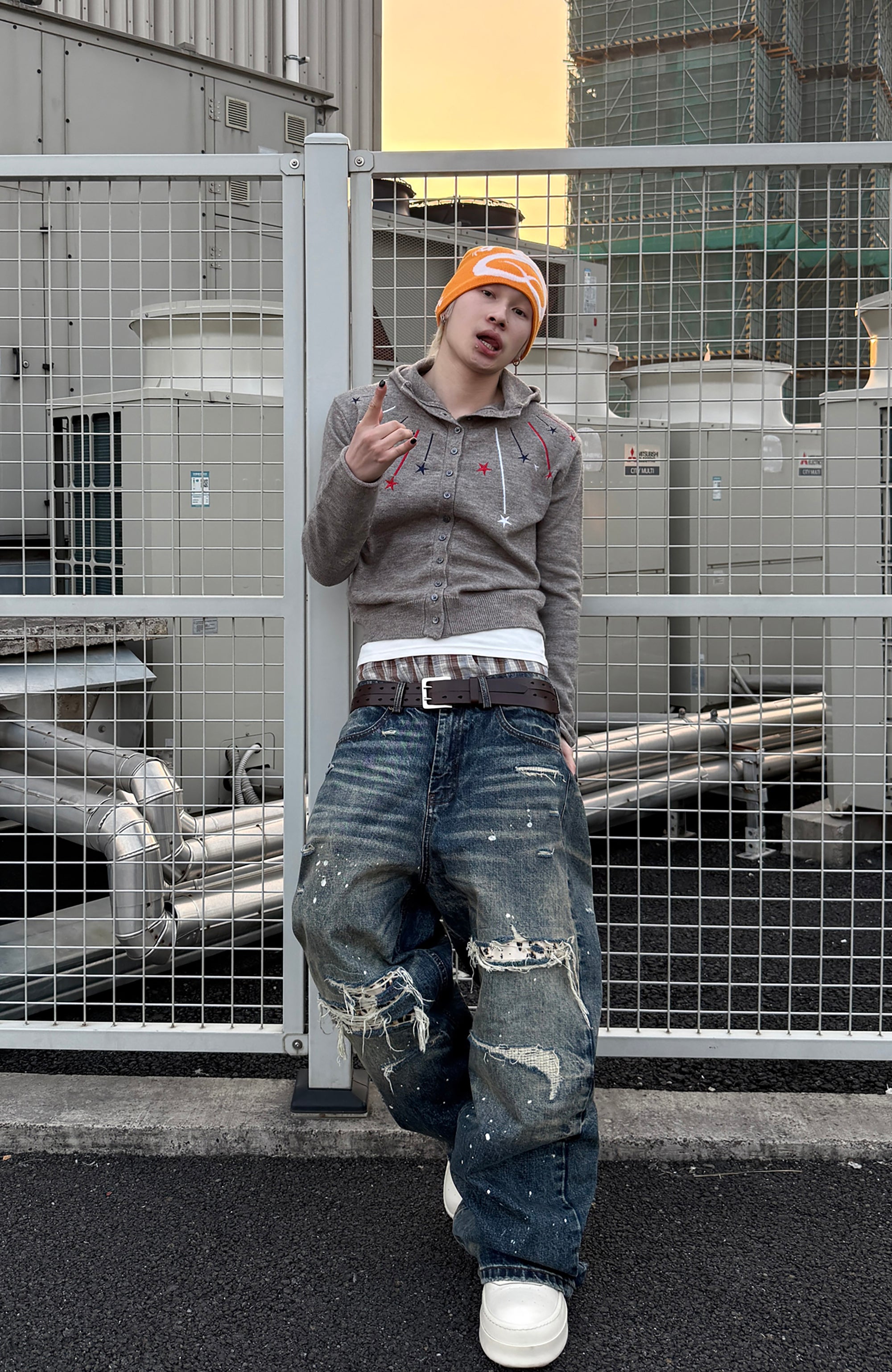 TRECLUB Star Embroidered Knit Hooded Cardigan, premium urban and streetwear designers apparel on PROJECTISR.com, TRECLUB