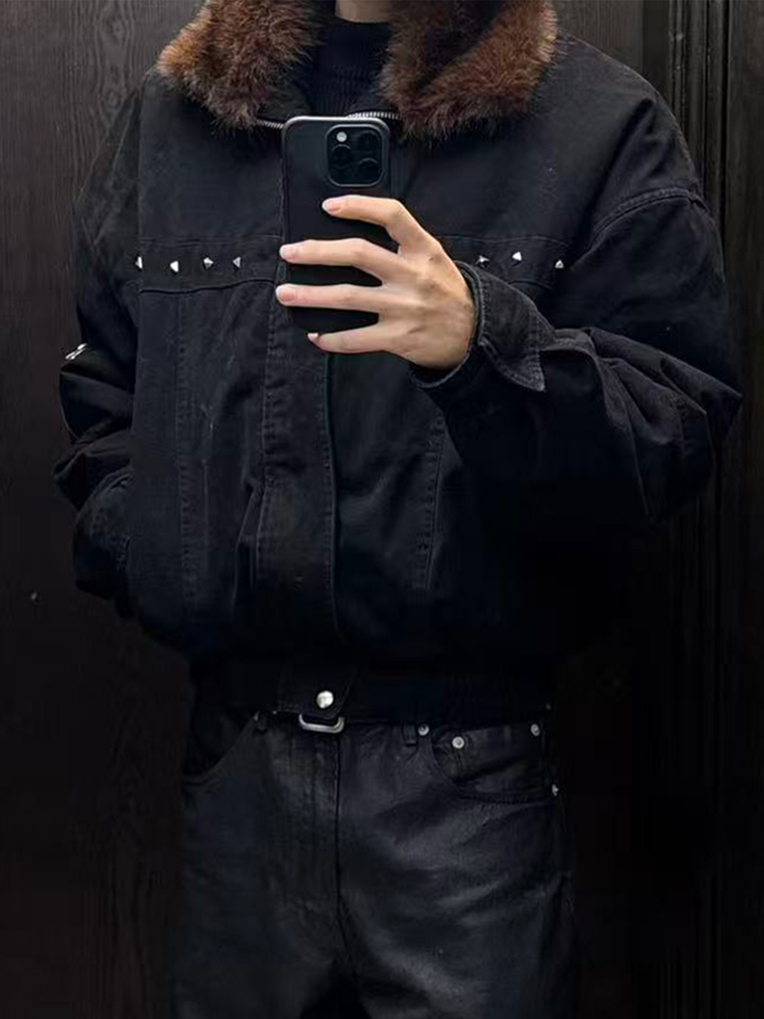 TRECLUB Studded Faux-Fur Collar Bomber Jacket