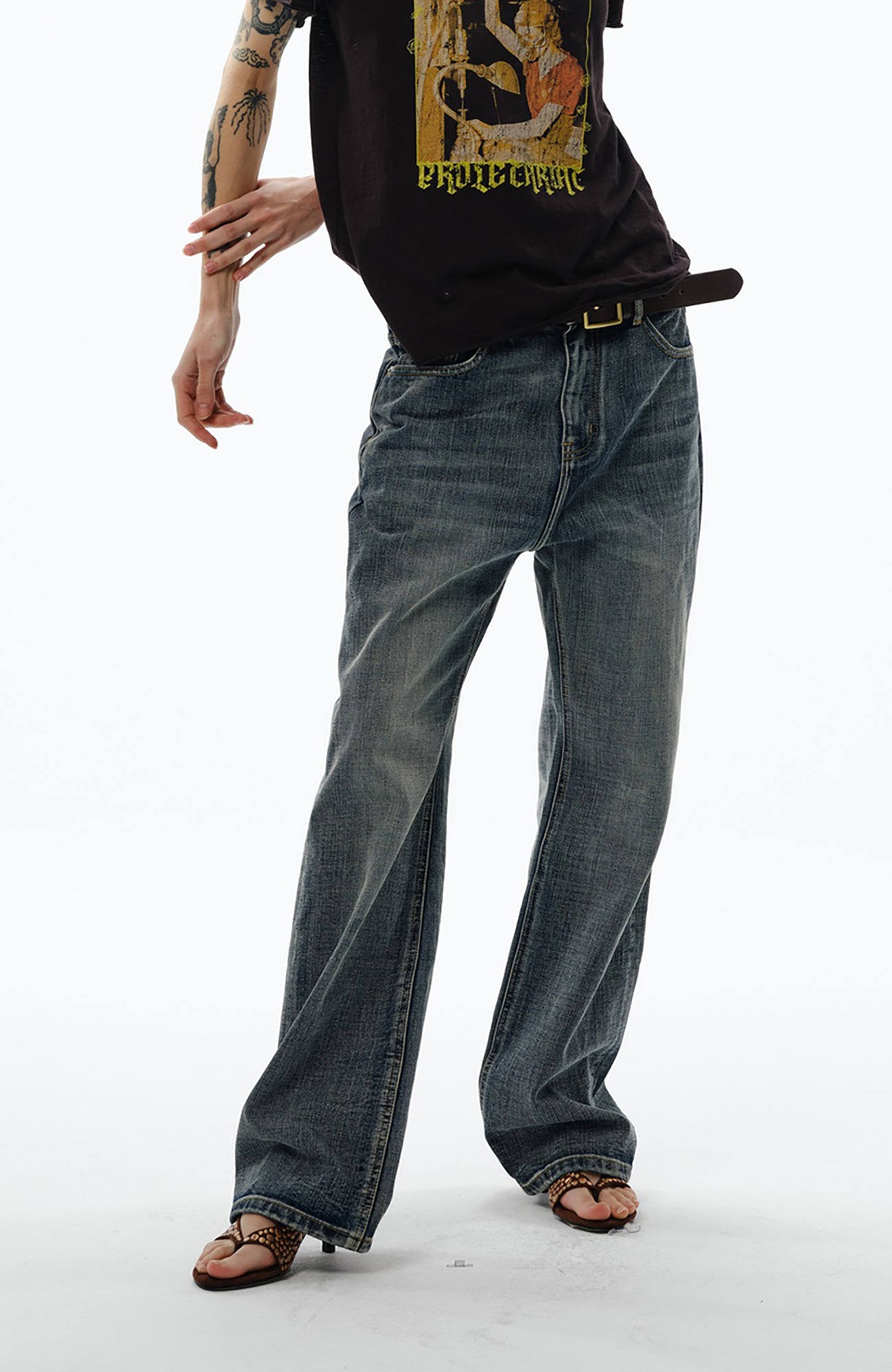 TRECLUB Retro Slub-Wash Straight-Leg Jeans, premium urban and streetwear designers apparel on PROJECTISR.com, TRECLUB