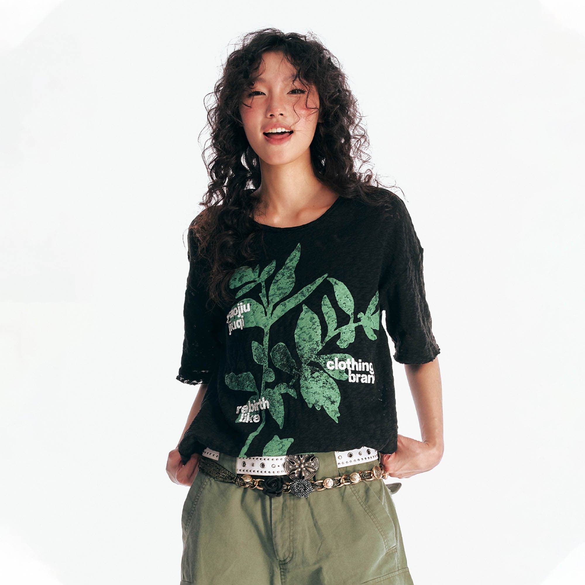 1997 POSTOFFICE Sesame Leaves Graphics Burnout T-Shirt, premium urban and streetwear designers apparel on PROJECTISR.com, 1997 POSTOFFICE