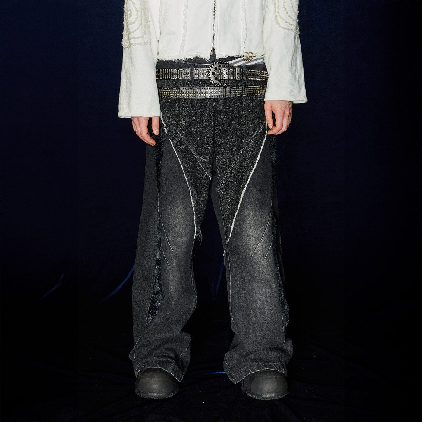 DND4DES Raw-Edge Faux Fur Spliced Jeans, premium urban and streetwear designers apparel on PROJECTISR.com, DND4DES