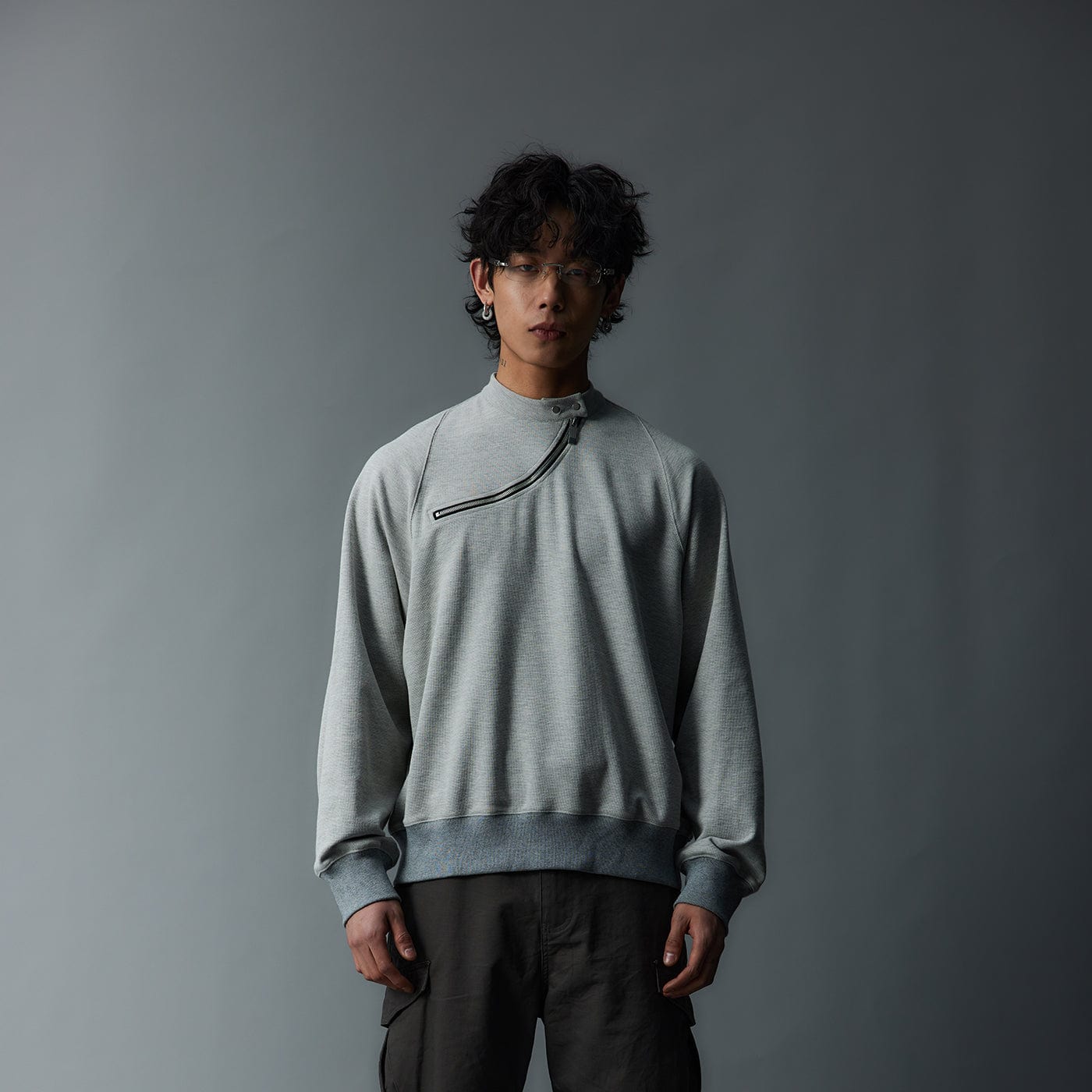 WHISTLEHUNTER Asymmetrical Zipper Rivet Mock Neck Long Sleeve T-Shirt, premium urban and streetwear designers apparel on PROJECTISR.com, WHISTLEHUNTER