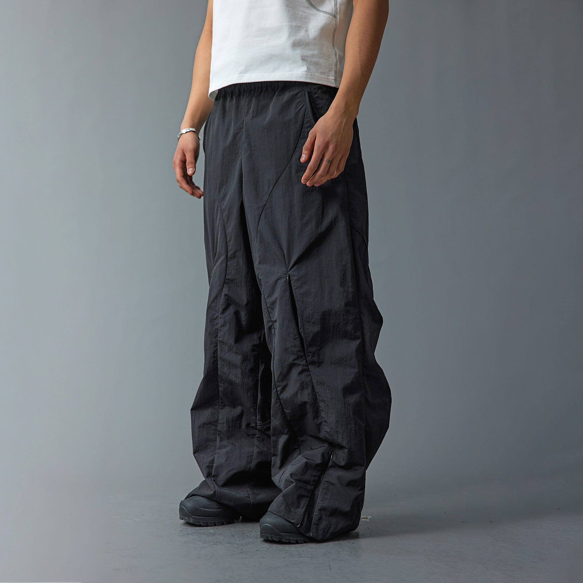WHISTLEHUNTER Deconstructed Pleated Zipper Pockets Pants, premium urban and streetwear designers apparel on PROJECTISR.com, WHISTLEHUNTER