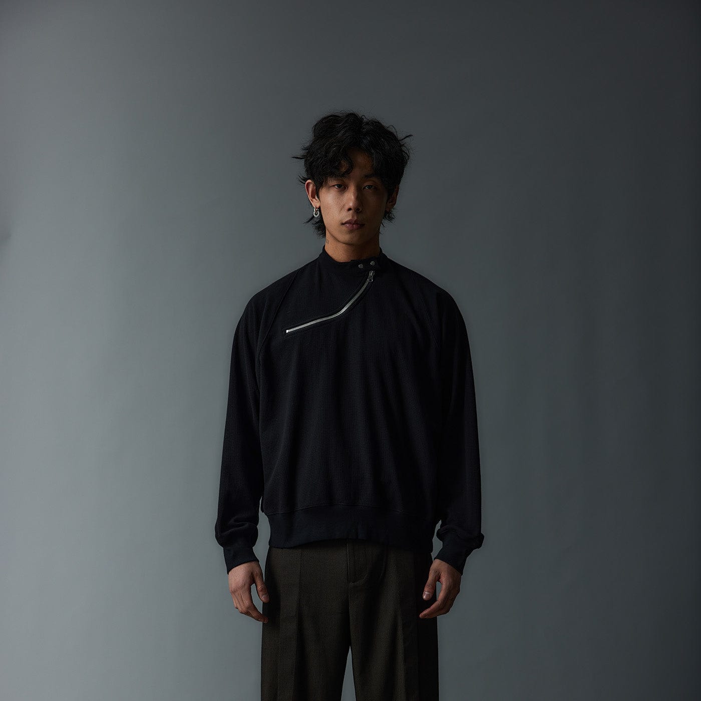 WHISTLEHUNTER Asymmetrical Zipper Rivet Mock Neck Long Sleeve T-Shirt, premium urban and streetwear designers apparel on PROJECTISR.com, WHISTLEHUNTER