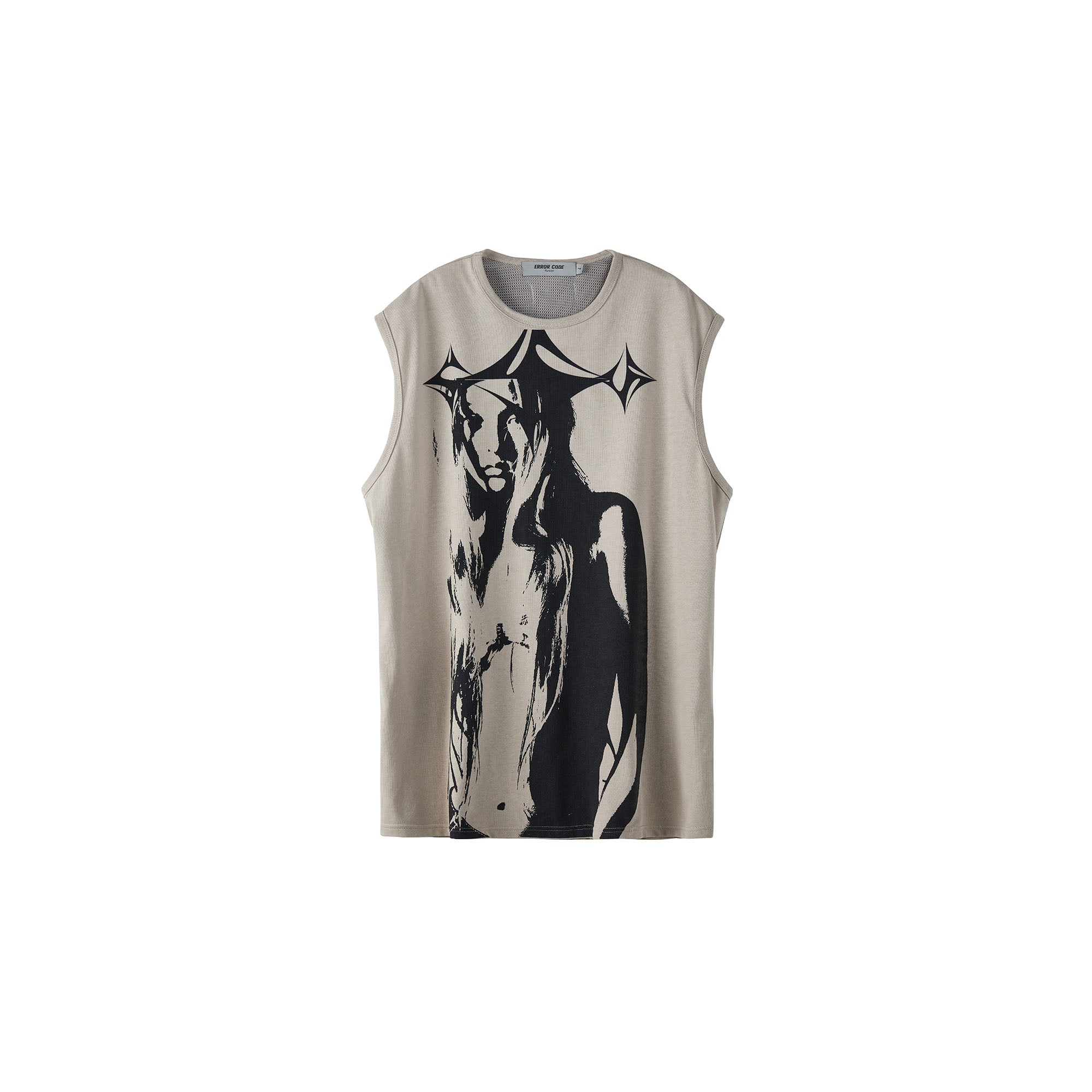 ERROR CODE ROBT Portrait Graphic Mesh Lining Sleeveless Tee, premium urban and streetwear designers apparel on PROJECTISR.com, ERROR CODE ROBOT