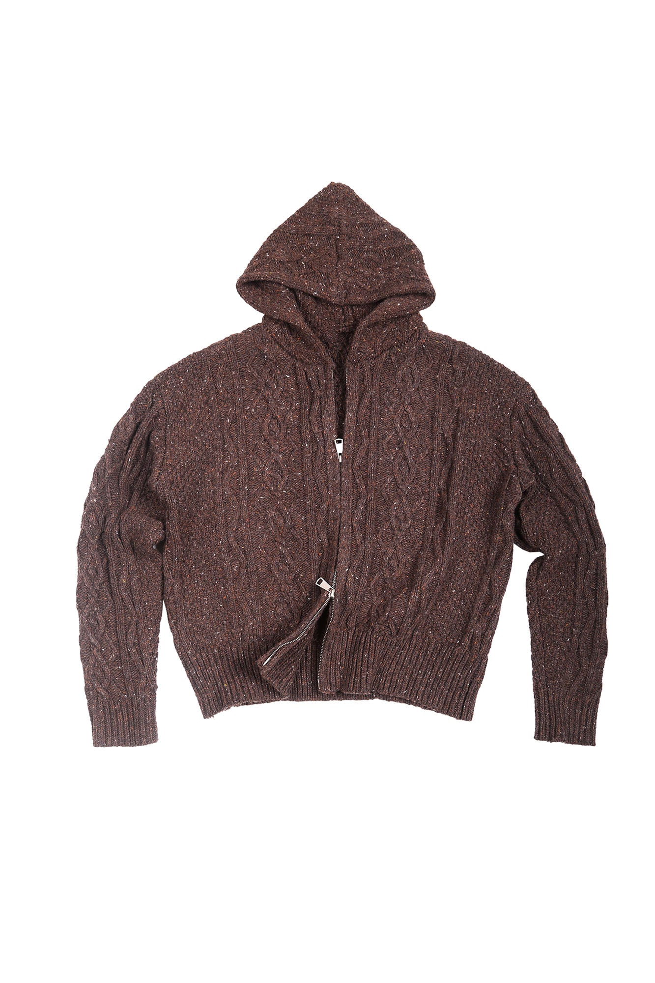 TRECLUB Nep Yarn Cable-Knit Zip-Up Hooded Cardigan