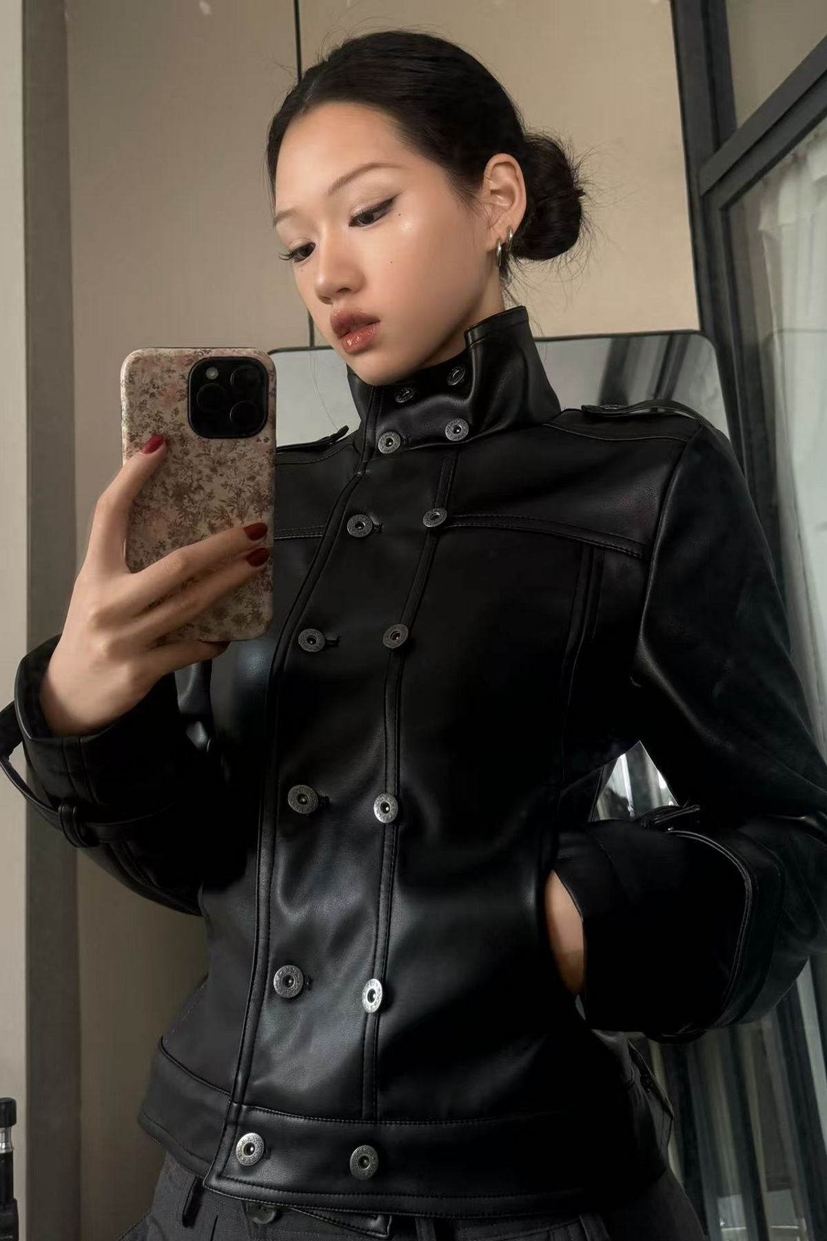 REMODUTION Double-Breasted Cinched Waist Faux Leather Jacket