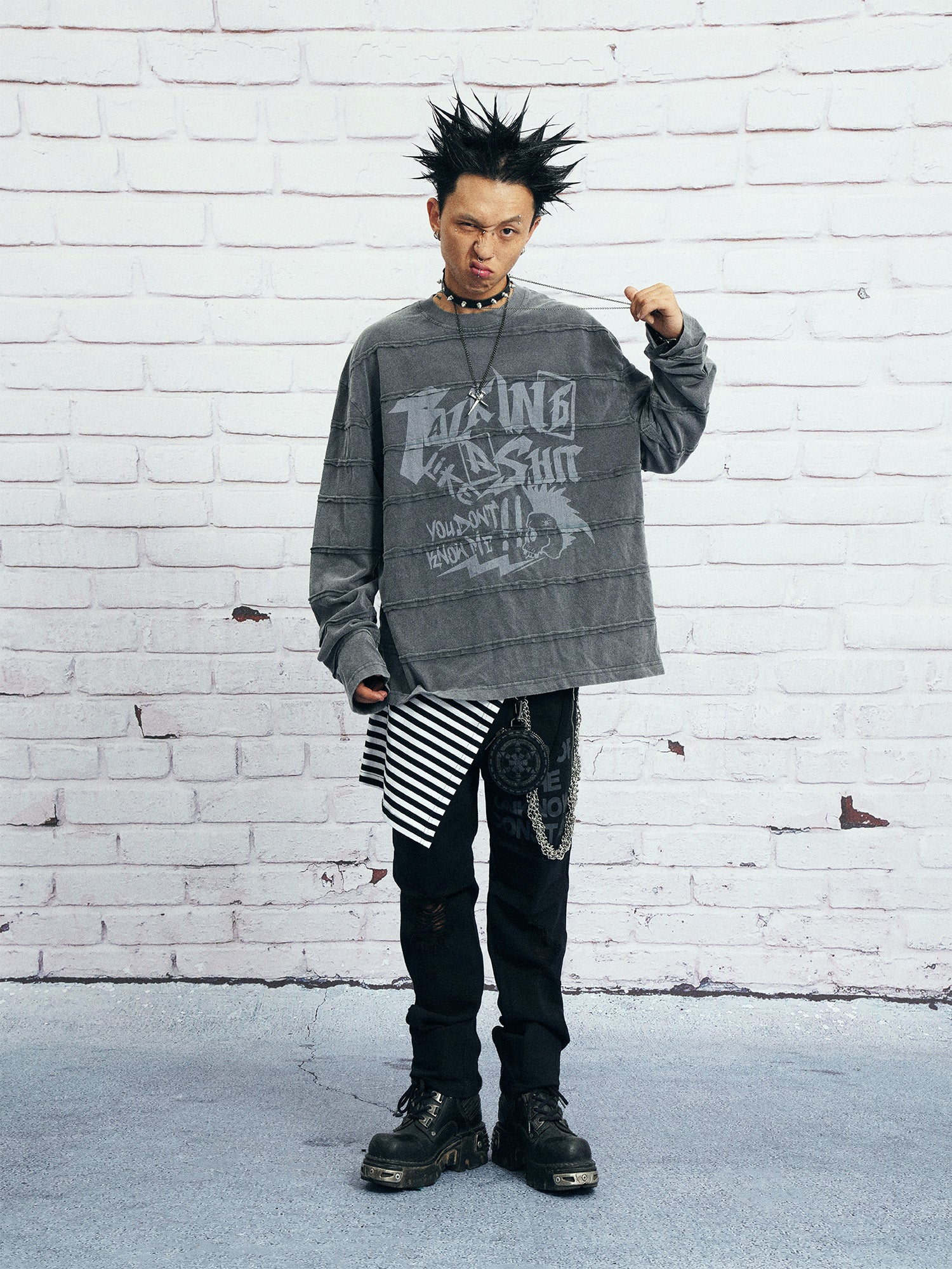 VENTUREK Washed Stripe-Layered Graffiti Long-Sleeve Tee, premium urban and streetwear designers apparel on PROJECTISR.com, VENTUREK