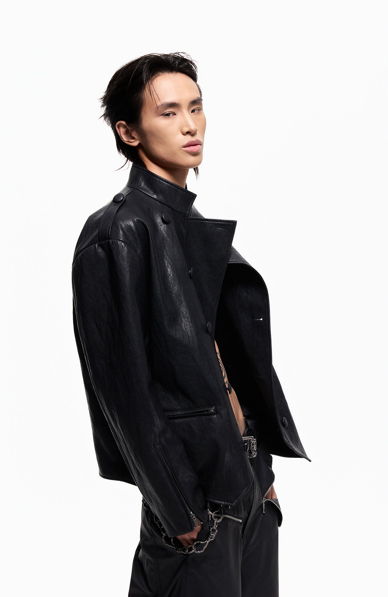 2000RSK Napoleon-Button Faux Leather Knight Jacket
