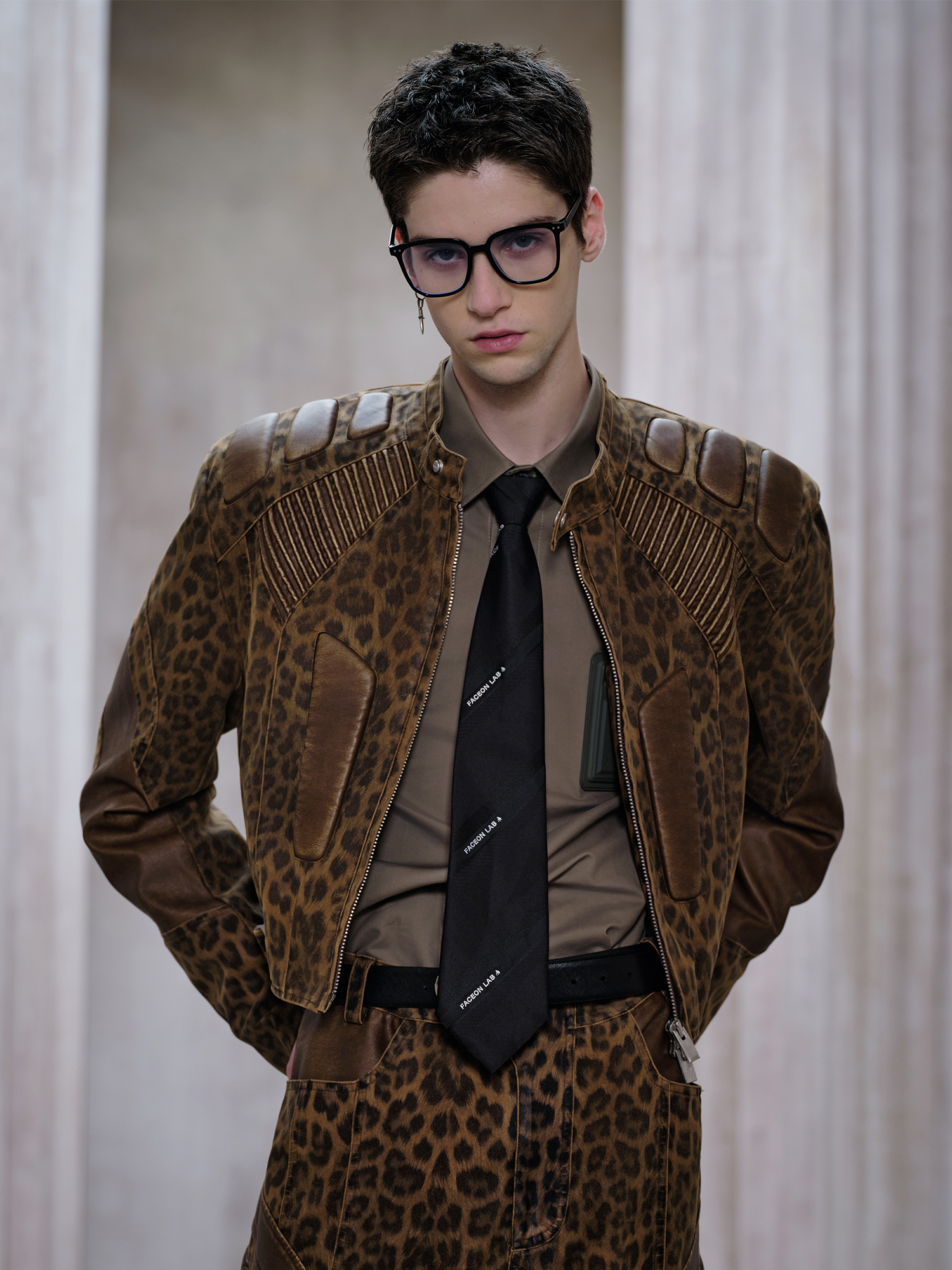 FACEONLAB Leopard Paneled Ribbed Armor Jacket
