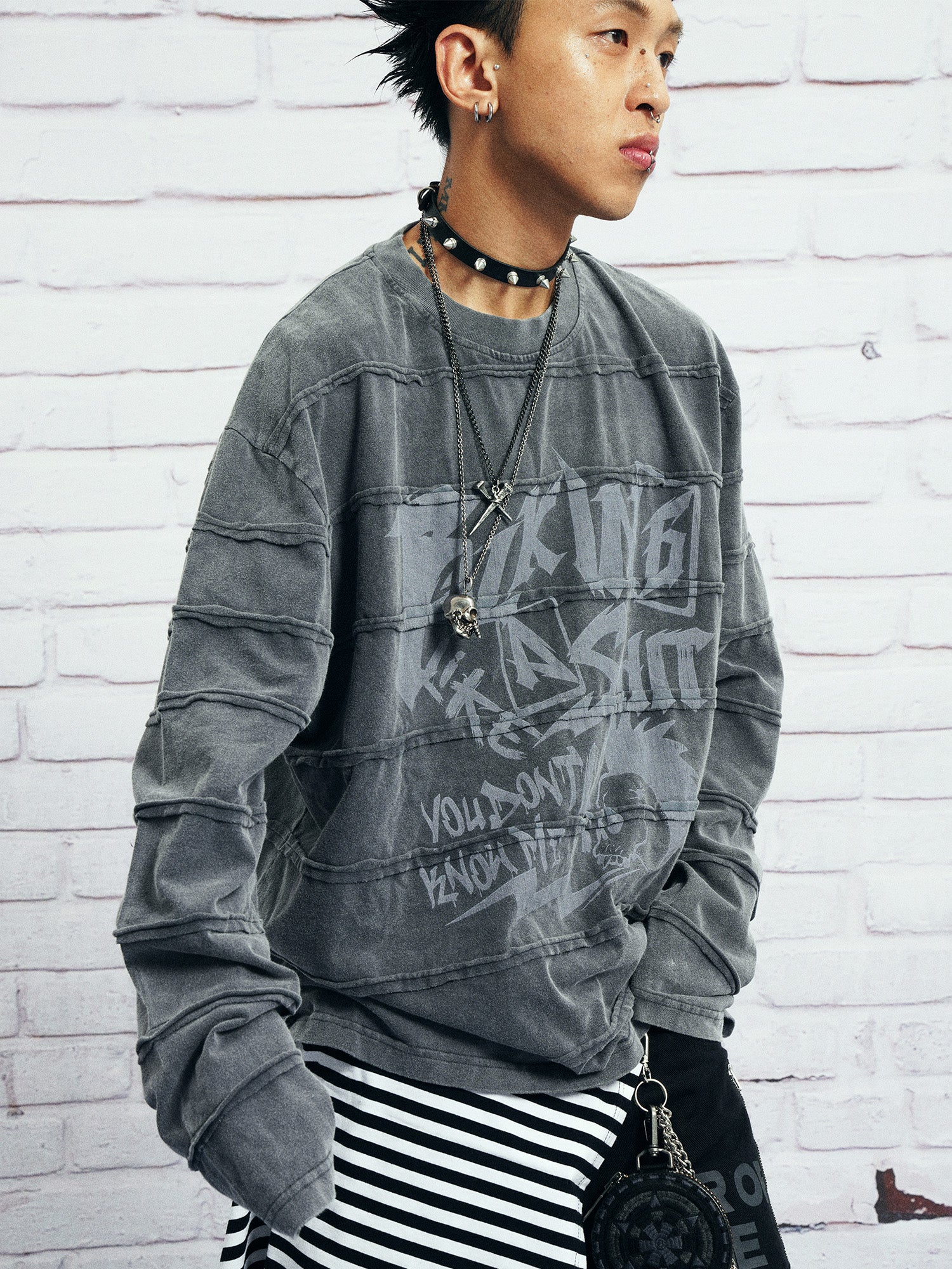 VENTUREK Washed Stripe-Layered Graffiti Long-Sleeve Tee, premium urban and streetwear designers apparel on PROJECTISR.com, VENTUREK