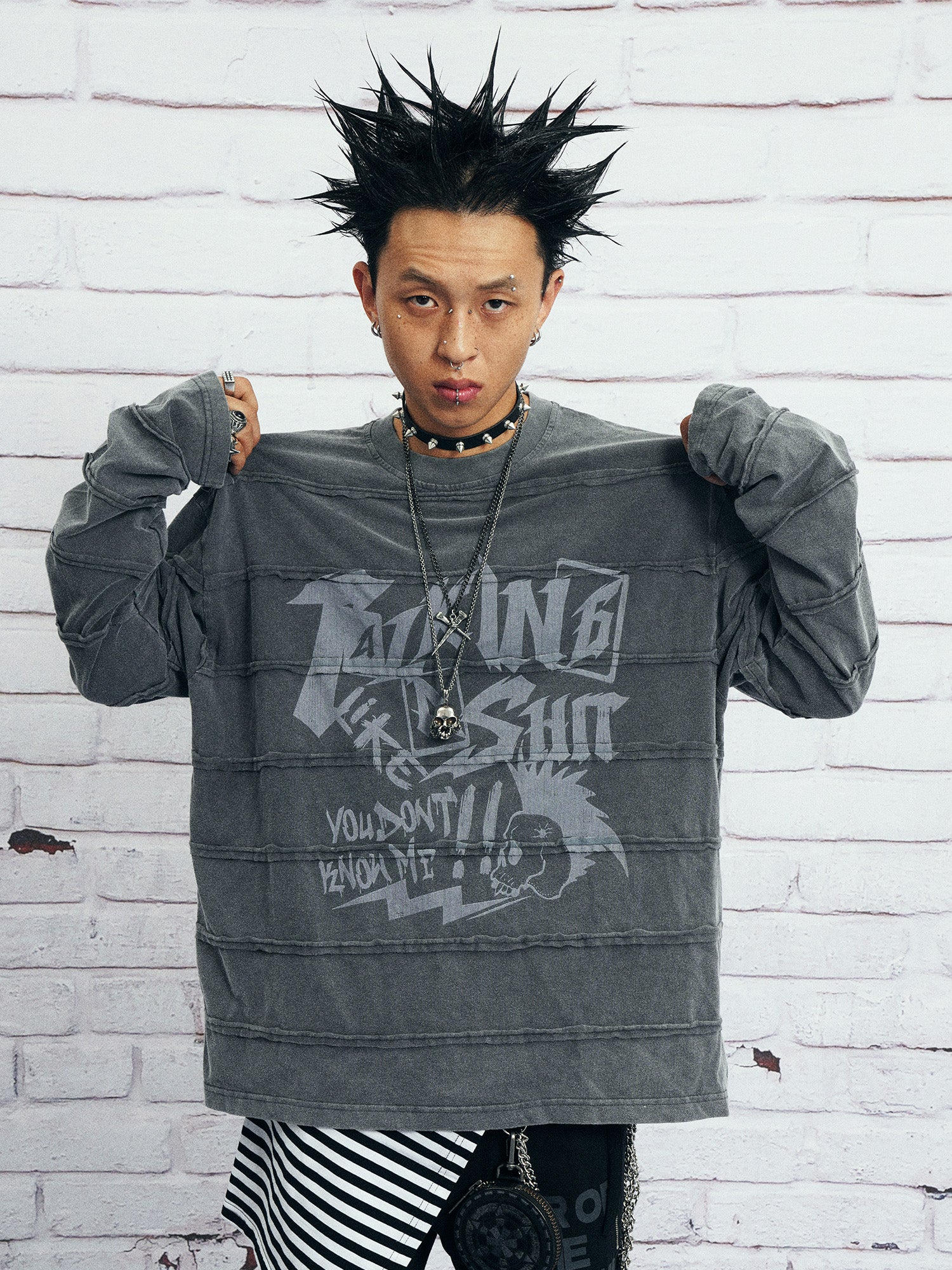 VENTUREK Washed Stripe-Layered Graffiti Long-Sleeve Tee, premium urban and streetwear designers apparel on PROJECTISR.com, VENTUREK