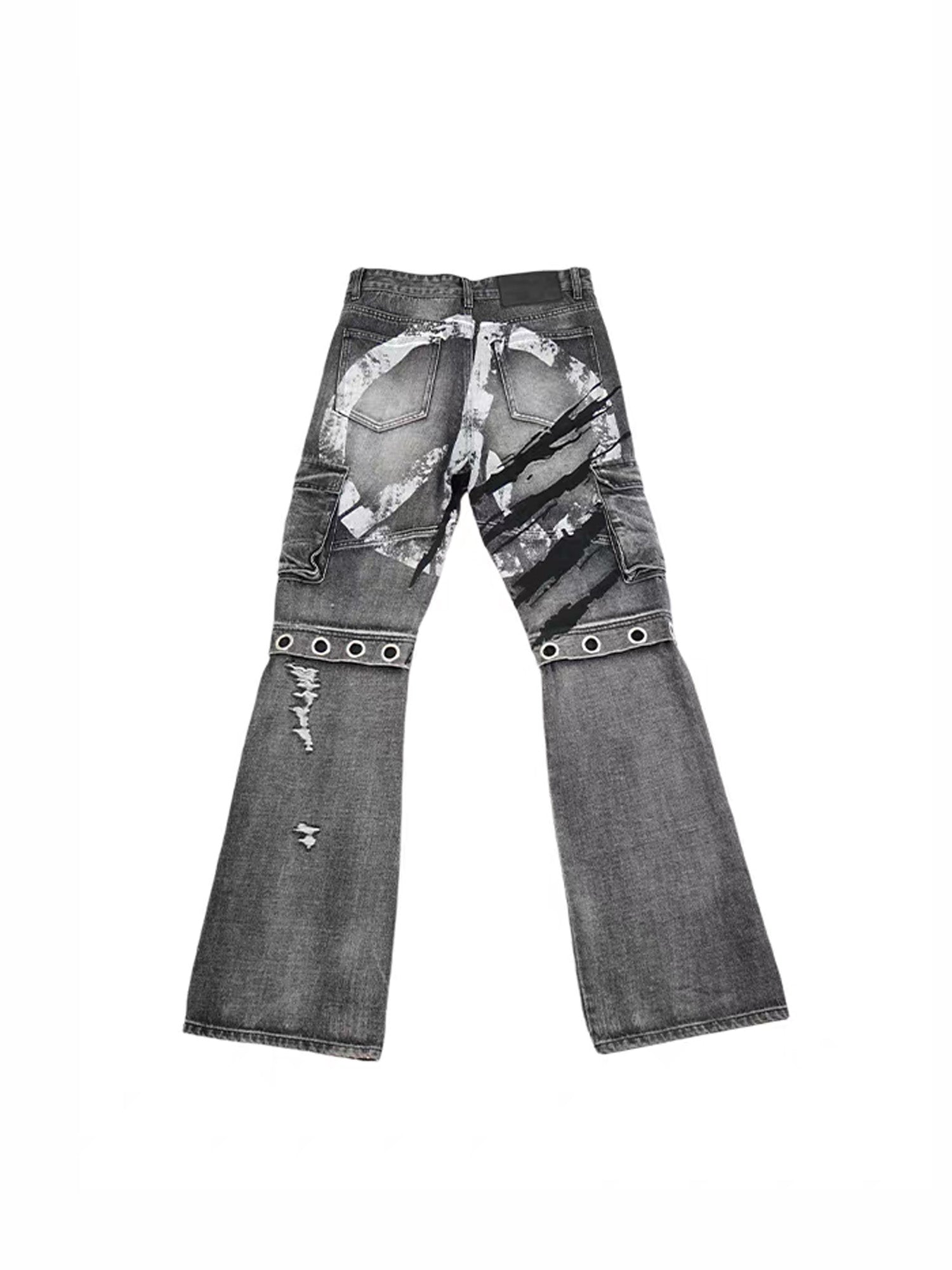 VINKID Distressed Grommet Strap Flared Jeans, premium urban and streetwear designers apparel on PROJECTISR.com, VINKID