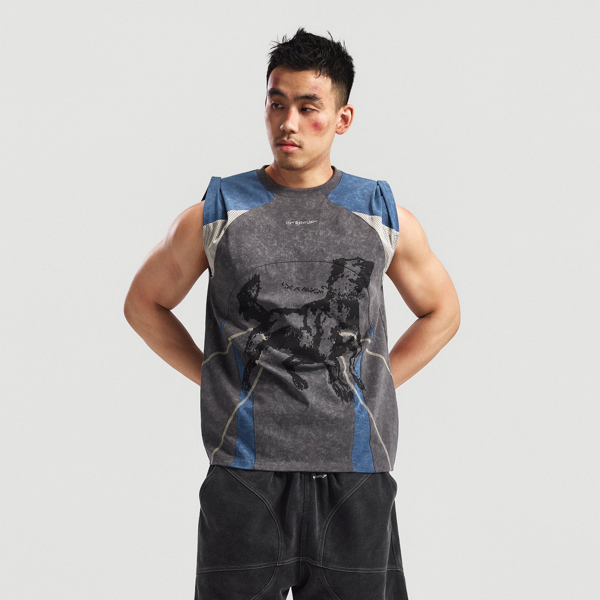 INTERRUPT Studded Mesh-Spliced Graphic Tank Top