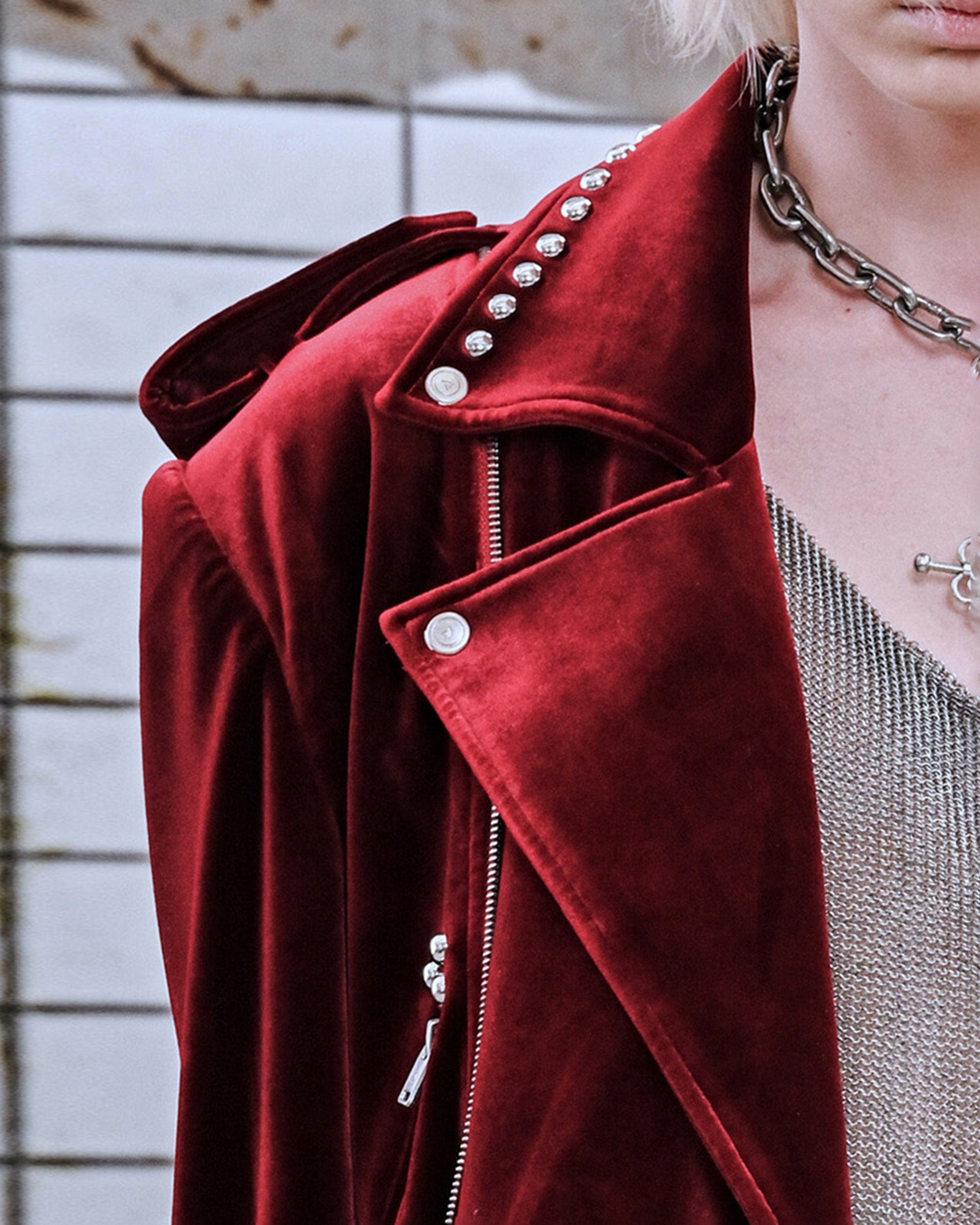FACEONLAB Red Velvet Rivet Biker Jacket, premium urban and streetwear designers apparel on PROJECTISR.com, FACEONLAB